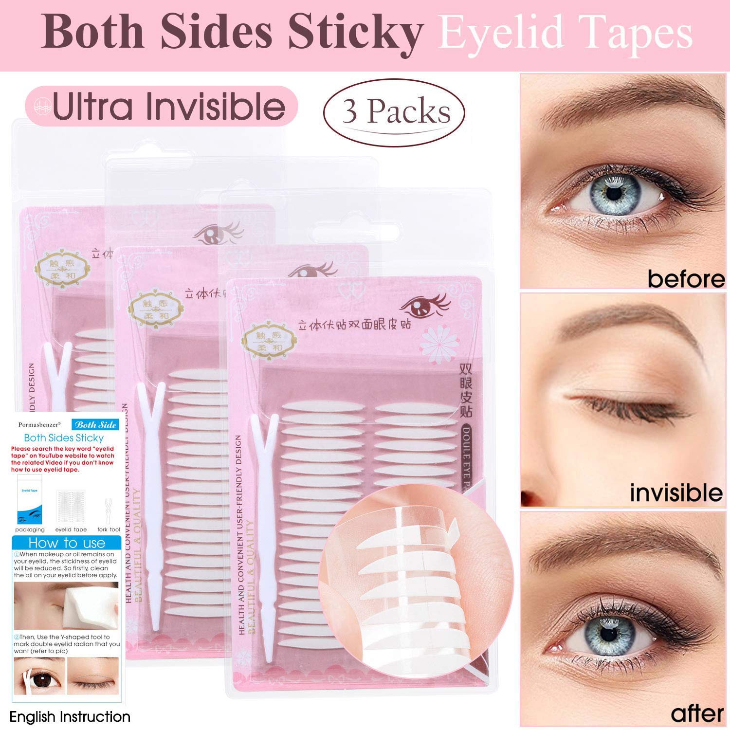 3 Packs Ultra Invisible Two-Sided Sticky Double Eyelid Tapes Stickers, Medical-use Adhesive Fiber, Instant Eyelid Lift Without Surgery Perfect for Heavy Saggy, Hooded, Droopy, Uneven, Mono-eyelids