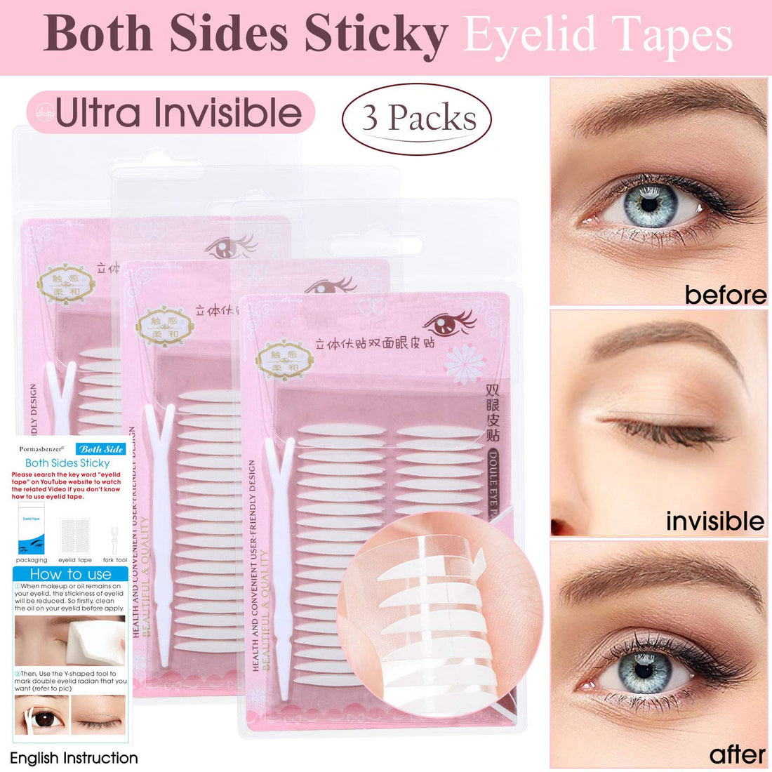 3 Packs Ultra Invisible Two-Sided Sticky Double Eyelid Tapes Stickers, Medical-use Adhesive Fiber, Instant Eyelid Lift Without Surgery Perfect for Heavy Saggy, Hooded, Droopy, Uneven, Mono-eyelids