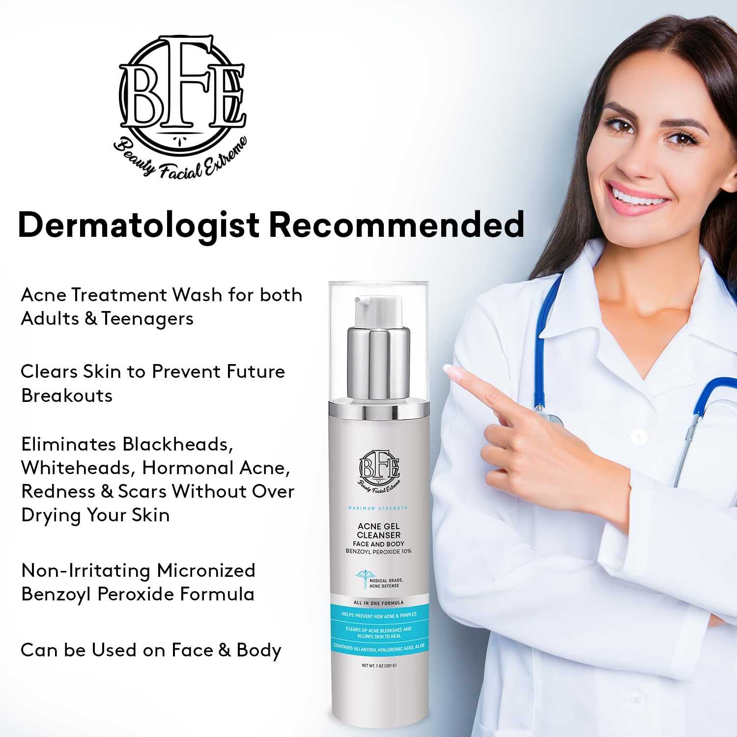 Acne Face wash Treatment with Benzoyl Peroxide 10% - Fight Acne Blemishes on Contact for Cystic Breakouts, Oily Skin, Clogged Pores, Blackhead, Whitehead & Pimples. Achieve Clear Skin.