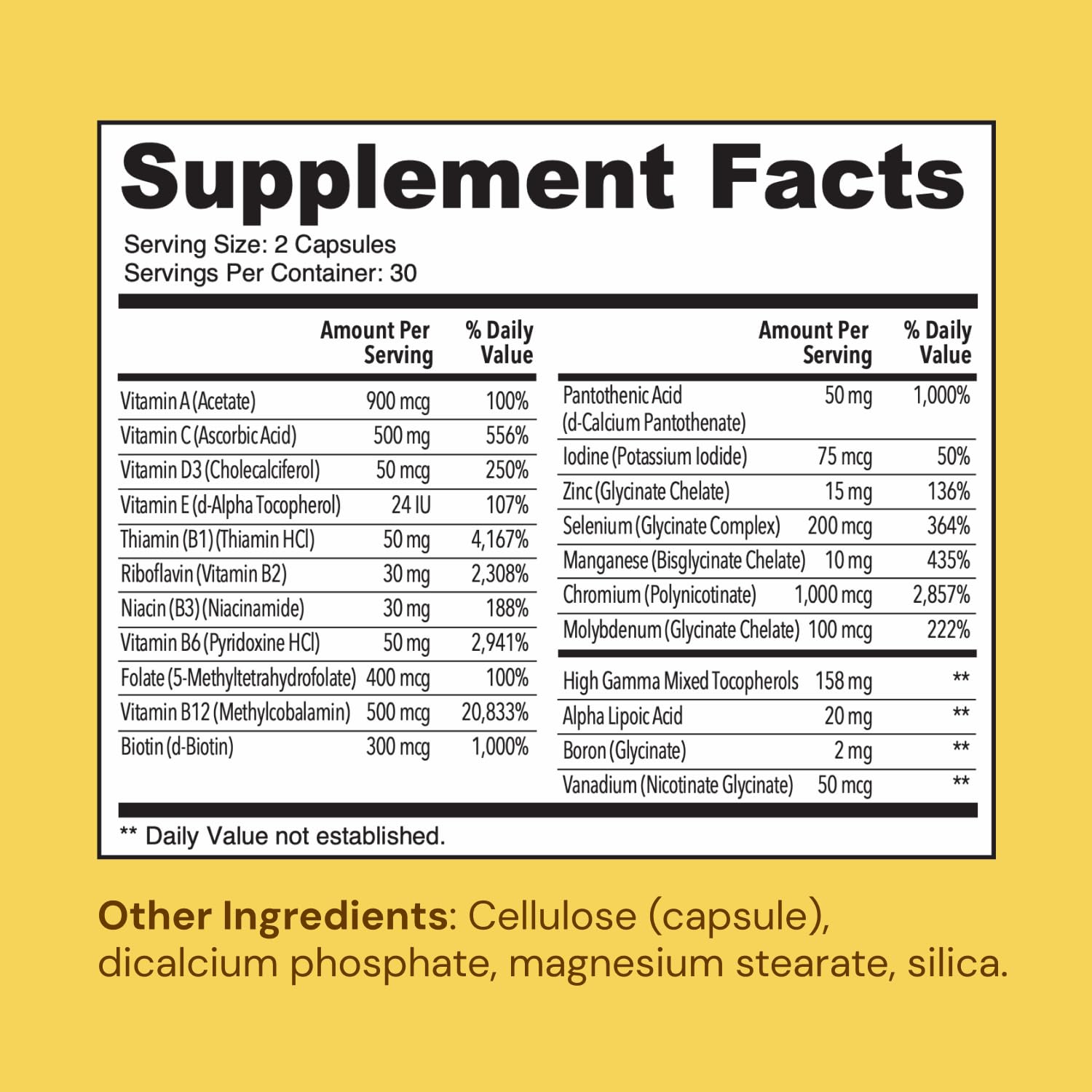 Ameo Life Chelated Daily Multivitamins for Adult Men and Women - Multi Vitamin Supplement with Zinc, Biotin, Iodine, Chromium, Manganese and Vitamins A, B6, B12, C, D and E - 60 Capsules