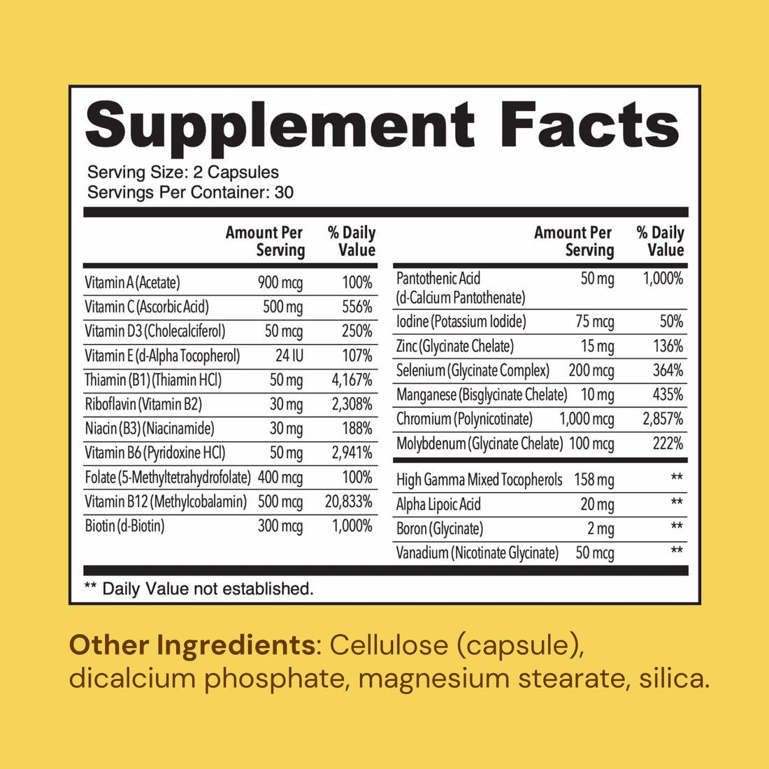 Ameo Life Chelated Daily Multivitamins for Adult Men and Women - Multi Vitamin Supplement with Zinc, Biotin, Iodine, Chromium, Manganese and Vitamins A, B6, B12, C, D and E - 60 Capsules