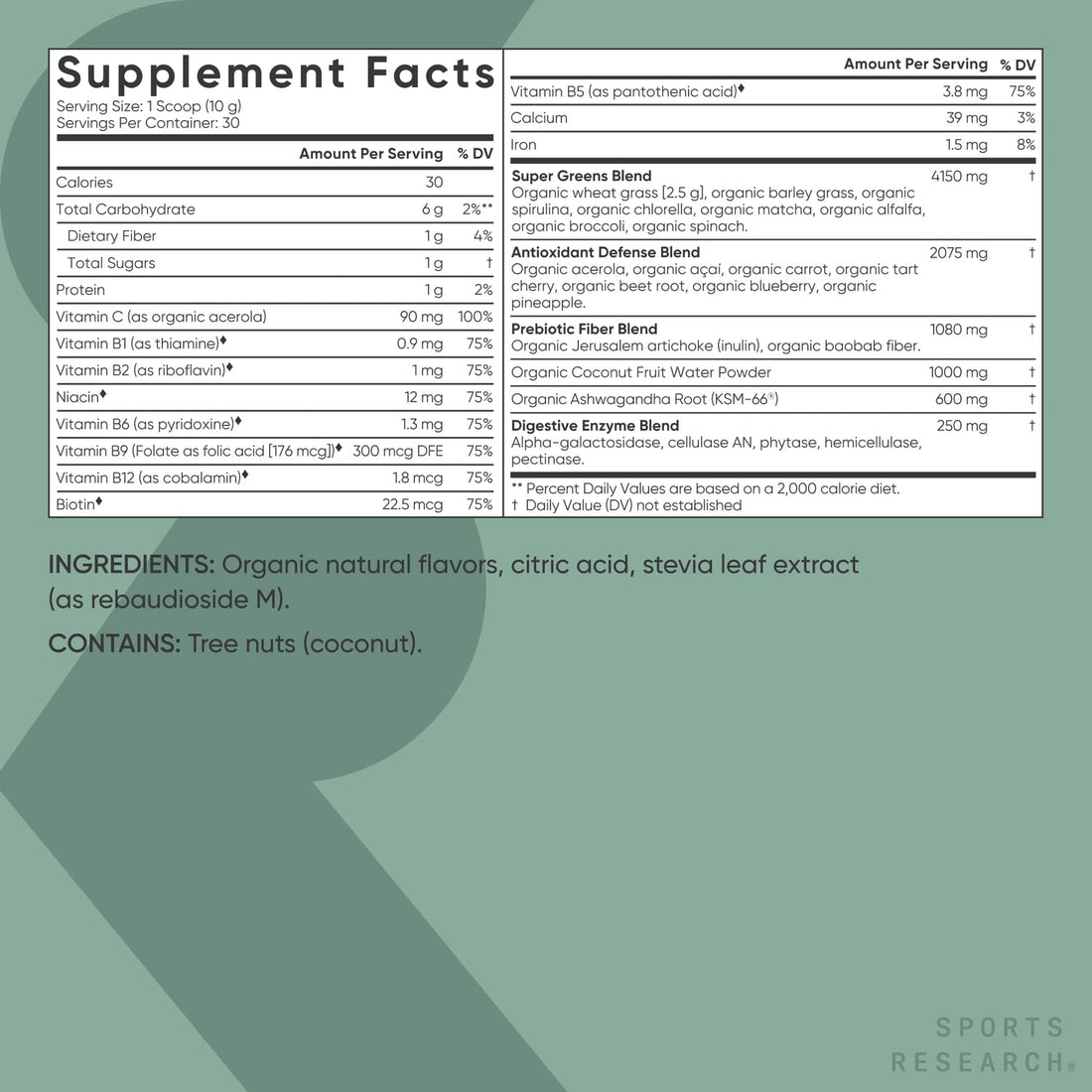 Sports Research® Organic Greens Superfood Powder w/Spirulina & Chlorella, Adaptogens, Enzymes, Probiotics & 8 VIT Bs for Gut & Mood Support* -Vegan, Sugar-Free & Low-Cal Original 30 Servings