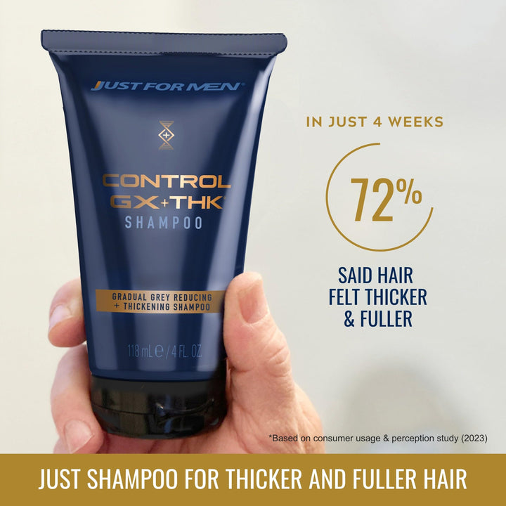 JUST FOR MEN Control GX + THK Thickening Shampoo with Grey Reduction, Shampoo for Thinning Hair with Alpha Keratin, Thickens Hair Up to 20%, Works with Every Hair Texture, 4 oz