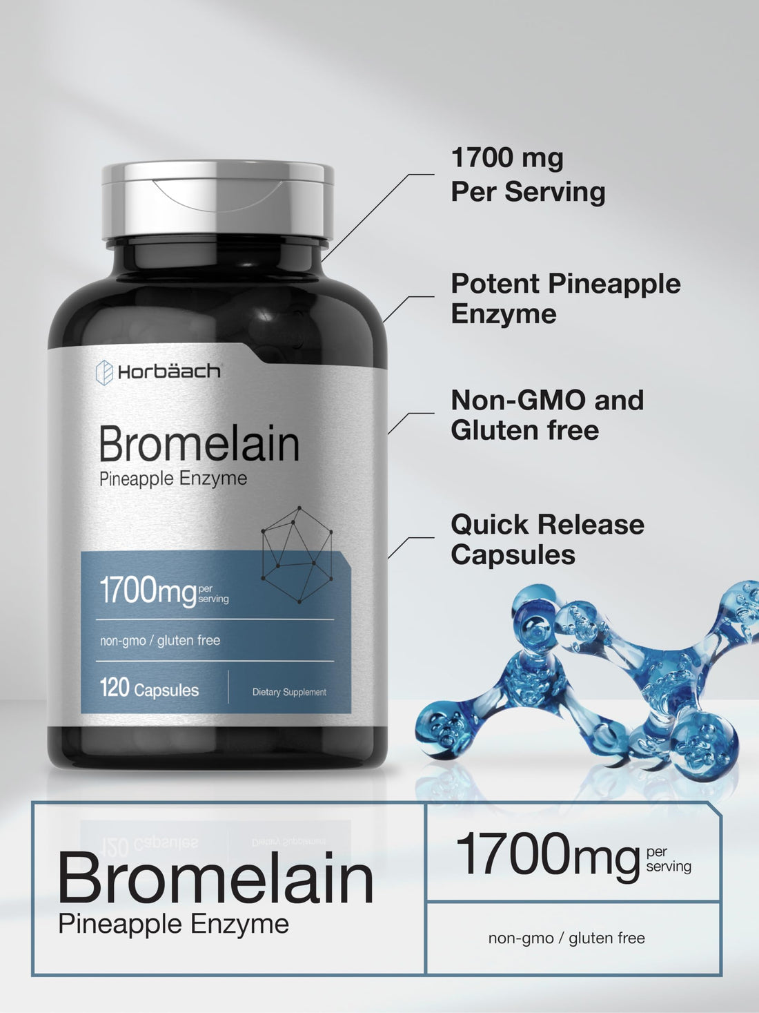 Horbäach Bromelain 1700 mg | 120 Capsules | Supports Digestive Health | Pineapple Enzyme Supplement | Non-GMO, Gluten Free