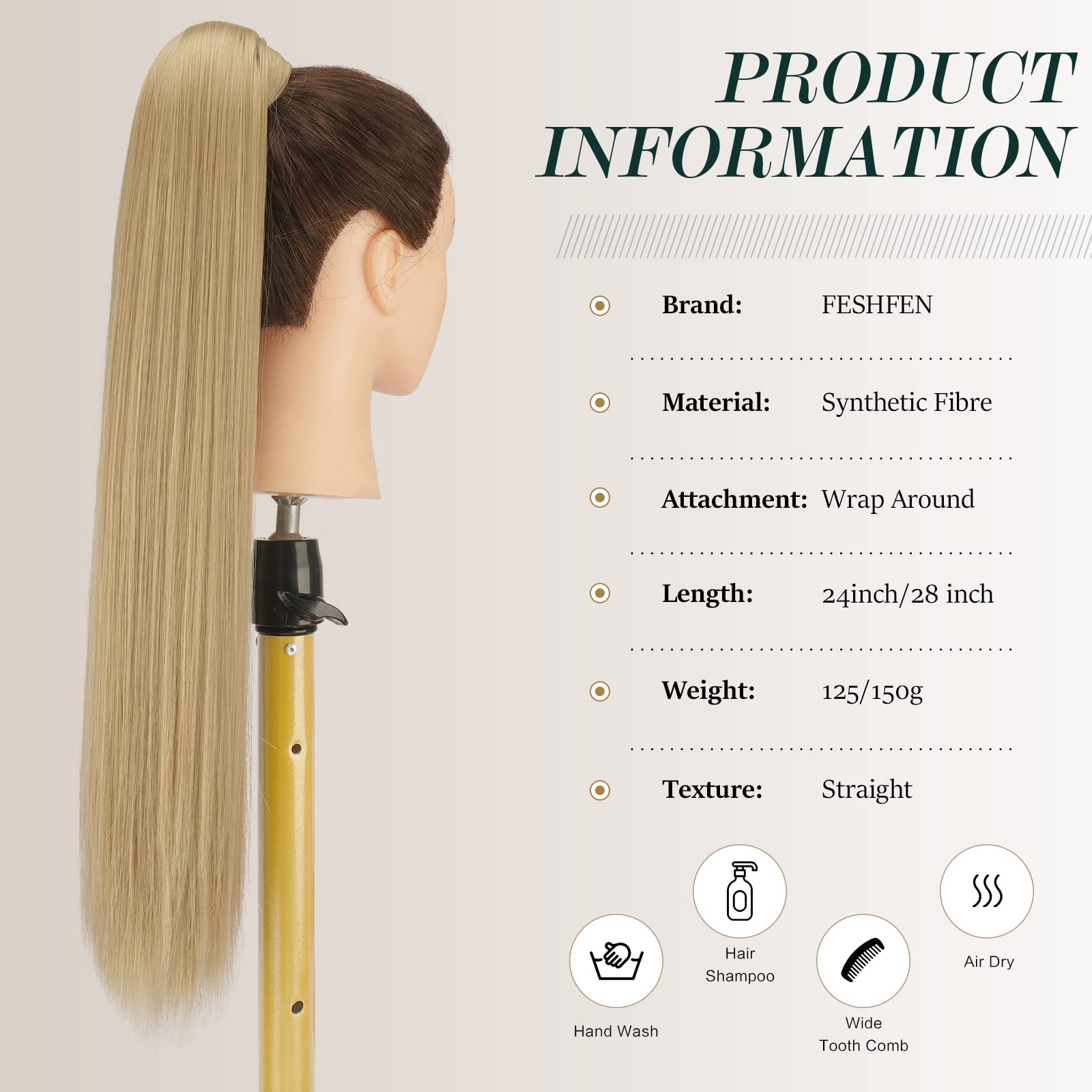 FESHFEN Straight Ponytail Extensions 28 Inch Long Wrap Around Synthetic Hair Piece Clip in Ponytail Hair Extensions Hairpiece for Women Girls 150g