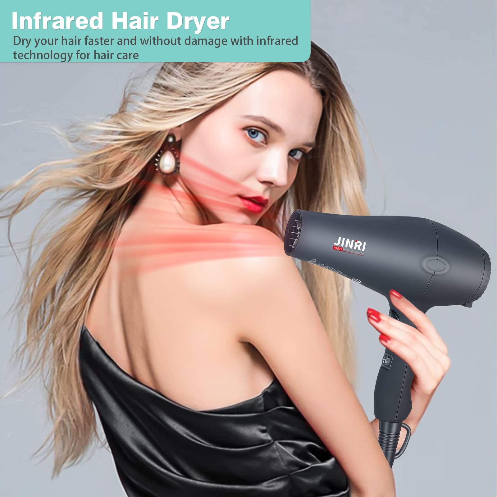 1875w Professional Tourmaline Hair Dryer,Negative Ionic Salon Hair Blow Dryer,DC Motor Light Weight Low Noise Hair Dryers with Diffuser & Concentrator,Black ETL Certified
