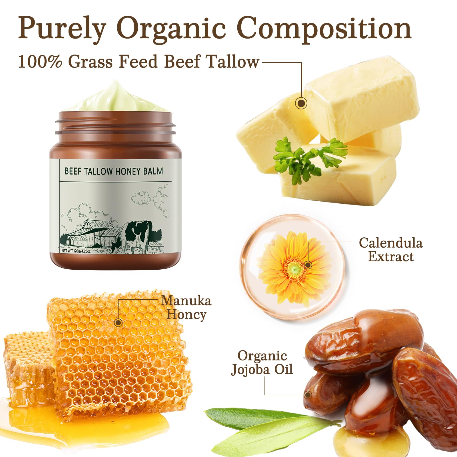 YAFUSIPE Beef Tallow and Honey Balm for Skin Daily Facial Moisturizer Natural Organic Grass-Fed Whipped Tallow Balm Blend Face Cream Body Lotion Skin Care for Women Hydrates and Nourishes 4.23OZ