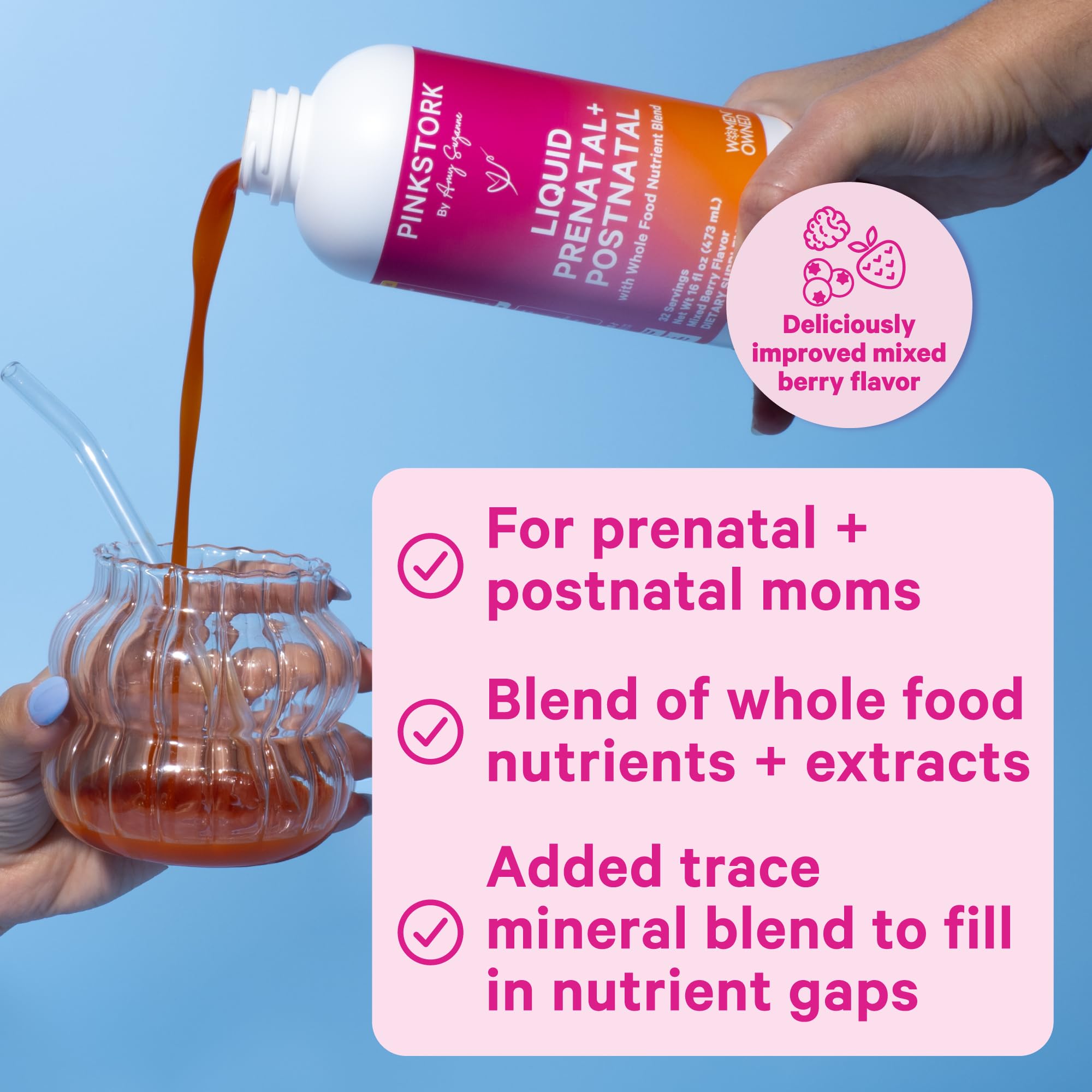 Pink Stork Liquid Prenatal Vitamins for Women - Berry Flavor - Organic Food Blend - for Fertility, Pregnancy, Postpartum- Morning Sickness Support - Breastfeeding and Lactation - 32 Servings