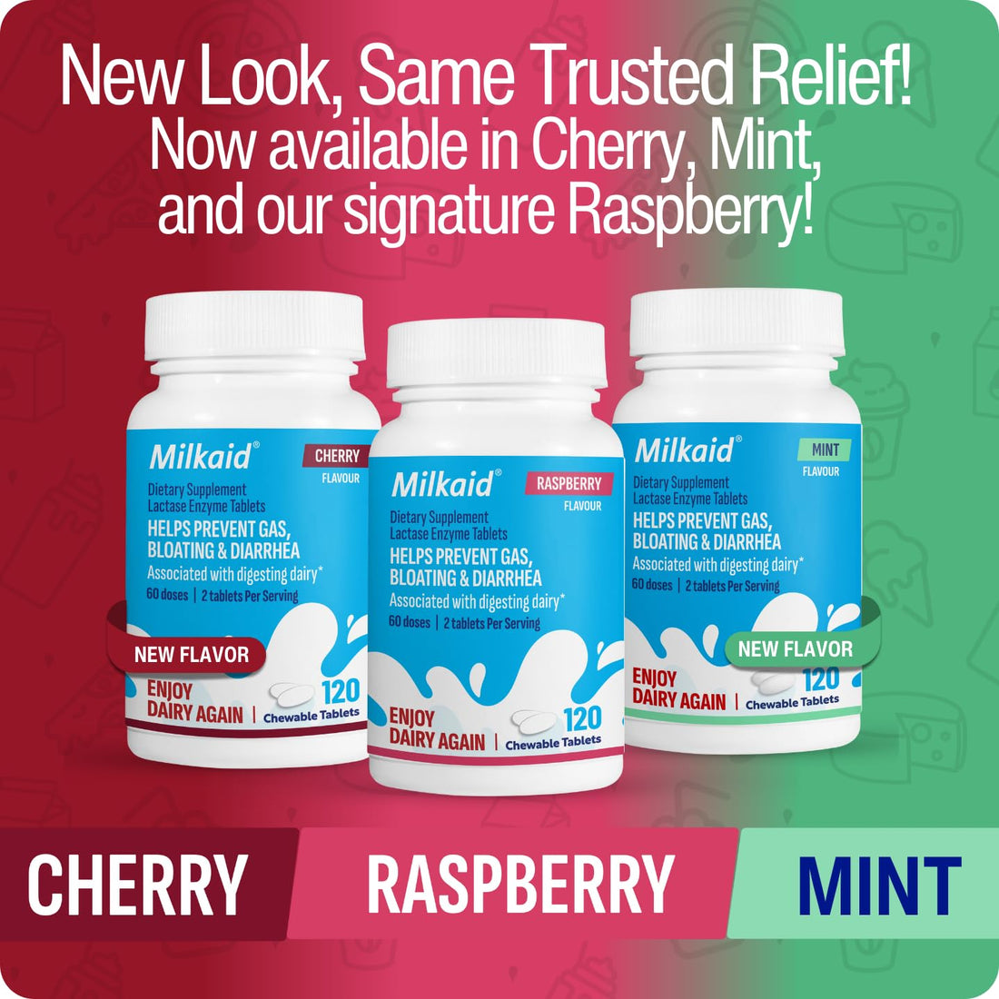 Milkaid Lactase Enzyme Chewable Tablets for Lactose Intolerance Relief | Prevents Gas, Bloating & Diarrhea | Fast Acting Dairy Digestive Supplement (120 Tablets, Raspberry)