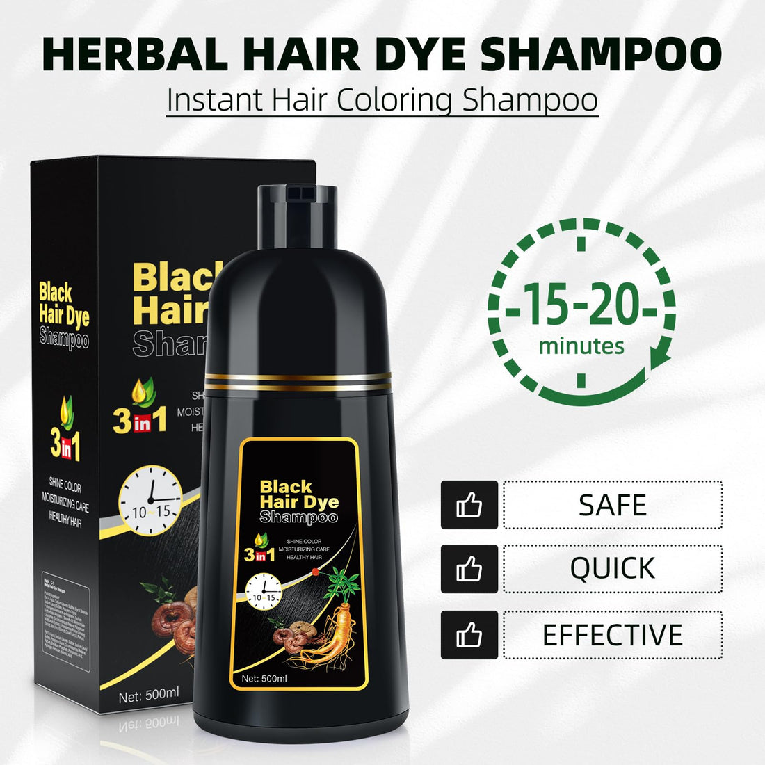 MOISTAR Black Hair Dye Shampoo 3 in 1 for Gray Coverage, Color Shampoo for Women/Men Instant Herbal Semi Permanent, 500ML