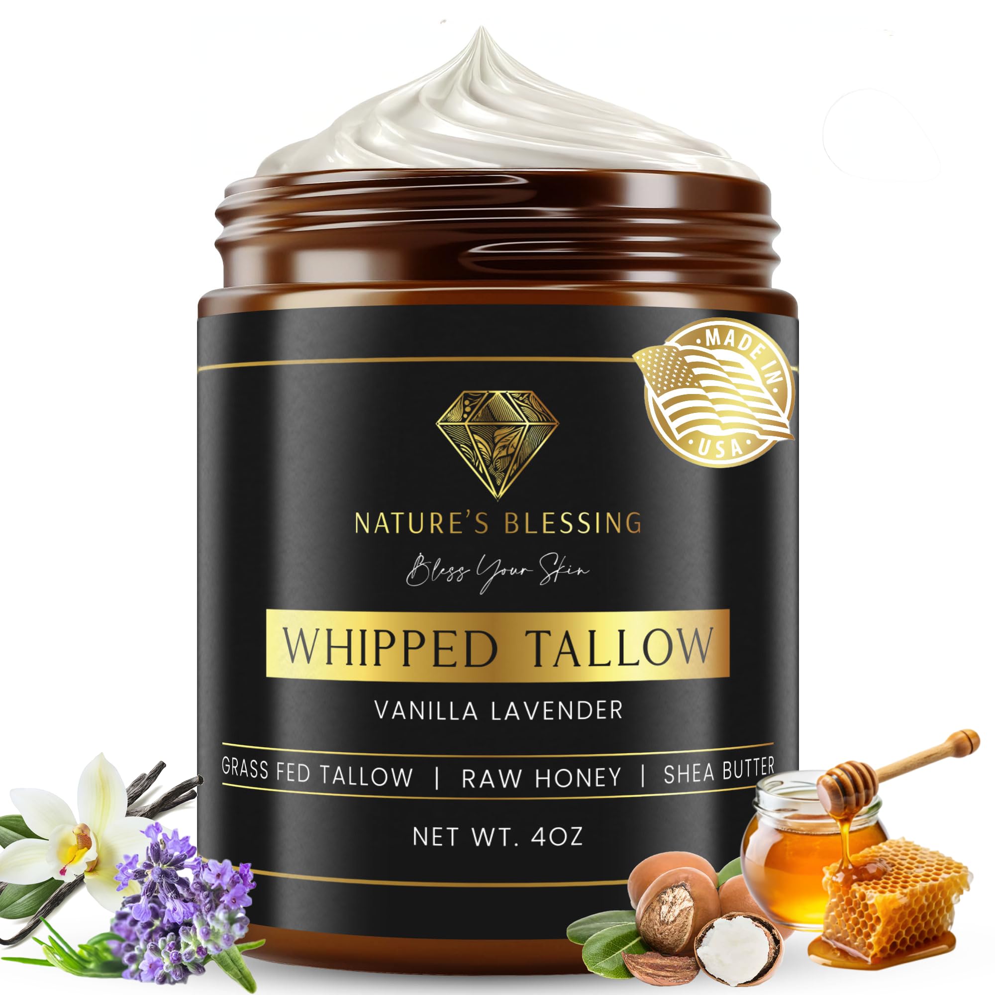 100% Grass Fed Beef Tallow for Skin Care - Collagen Booster - Infused with Organic Honey, Organic Shea Butter - 100% Natural Skincare + Face + Body