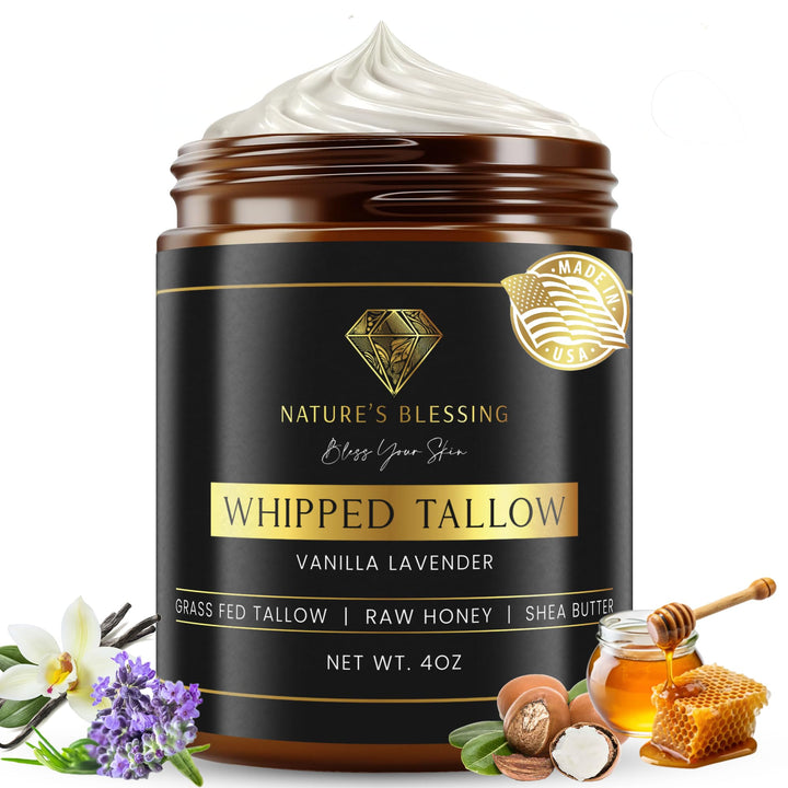 100% Grass Fed Beef Tallow for Skin Care - Collagen Booster - Infused with Organic Honey, Organic Shea Butter - 100% Natural Skincare + Face + Body