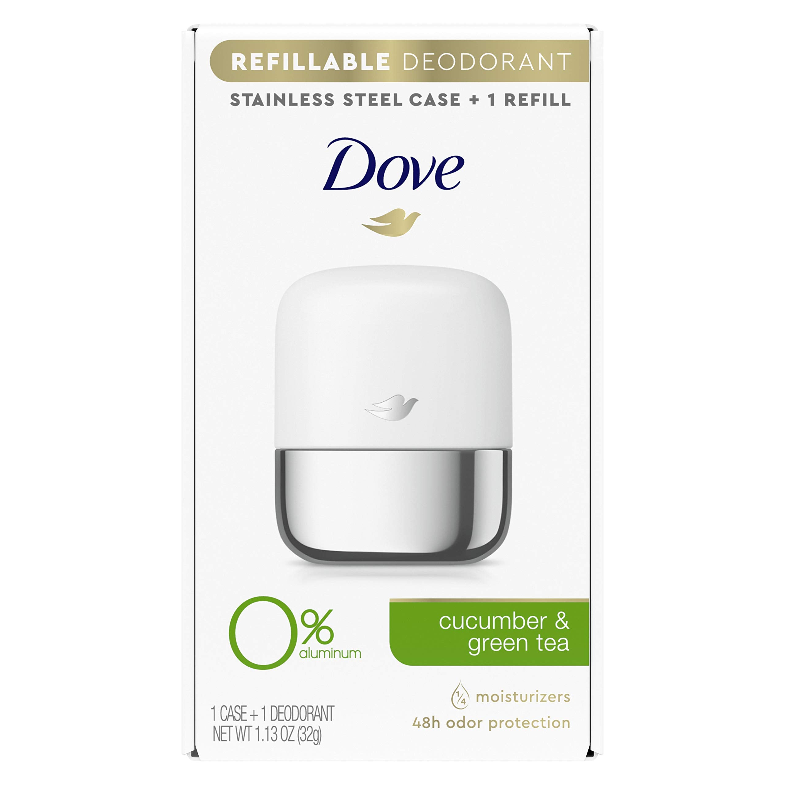 Dove Unisex Refillable Fruity Scent Deodorant Roll On Starter Kit Aluminum Cucumber & Green Tea Aluminum Free Deodorant 1.13 Oz, Pack Of 1