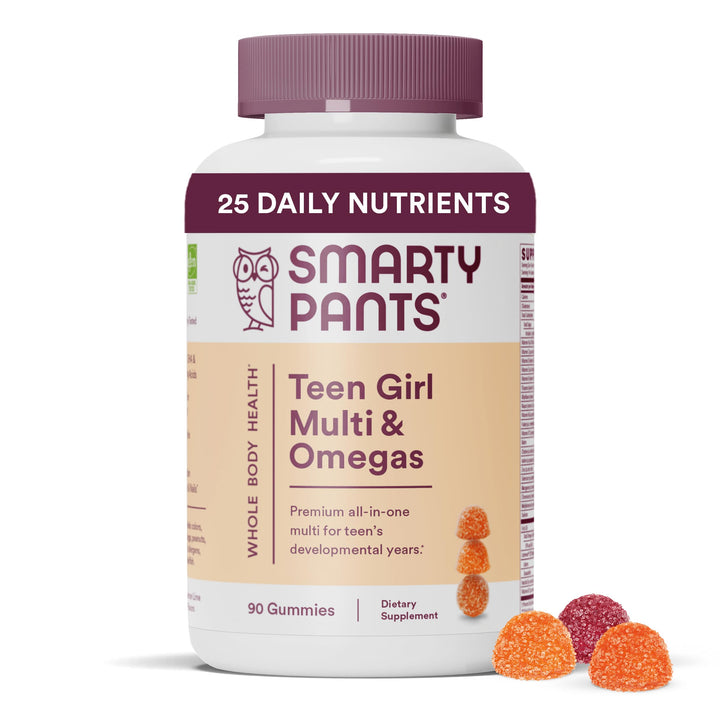 SmartyPants Teen Girl Formula, Daily Multivitamin Gummies: Vitamins C, B12, K, Zinc, & Biotin for Immune Support, Energy, Skin & Hair Support, Assorted Fruit Flavor, 90 Gummies (22 Day Supply)