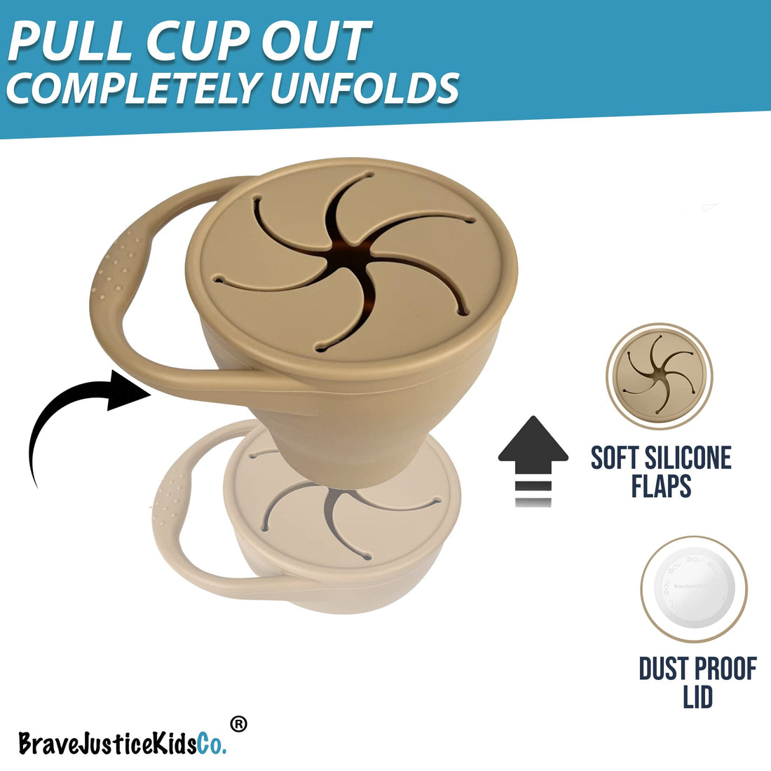 BraveJusticeKidsCo. | Snack Attack Cup | Collapsible Silicone Container | Toddler and Baby Catcher Lid (Warm Sand)