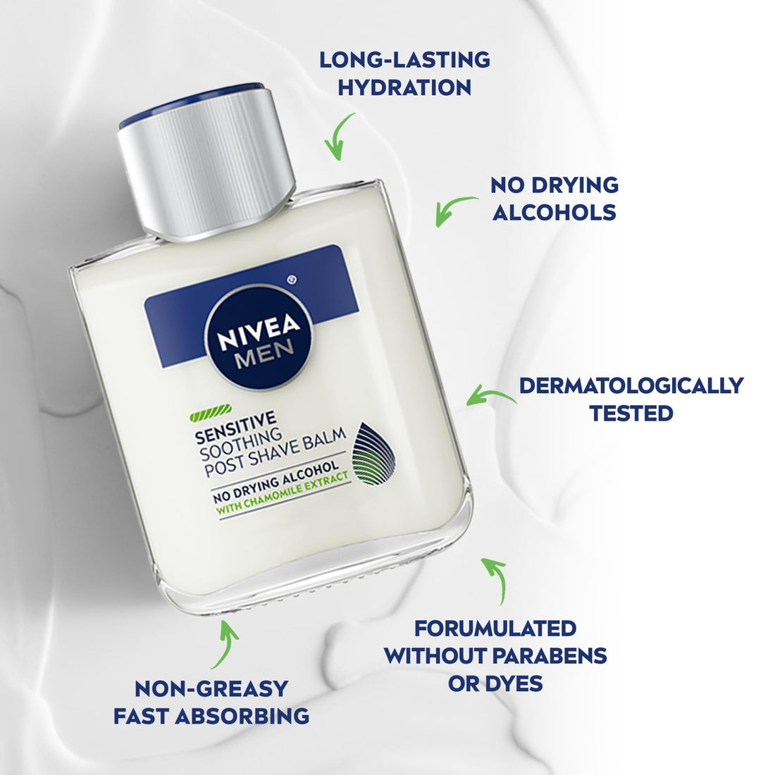 NIVEA MEN Sensitive Soothing Post Shave Balm with Vitamin E, Pro-Vitamin B5 and Chamomile Extract, Alcohol Free After Shave Balm for Men, Non-Greasy, 3.3 Fl Oz Bottle, Pack of 3