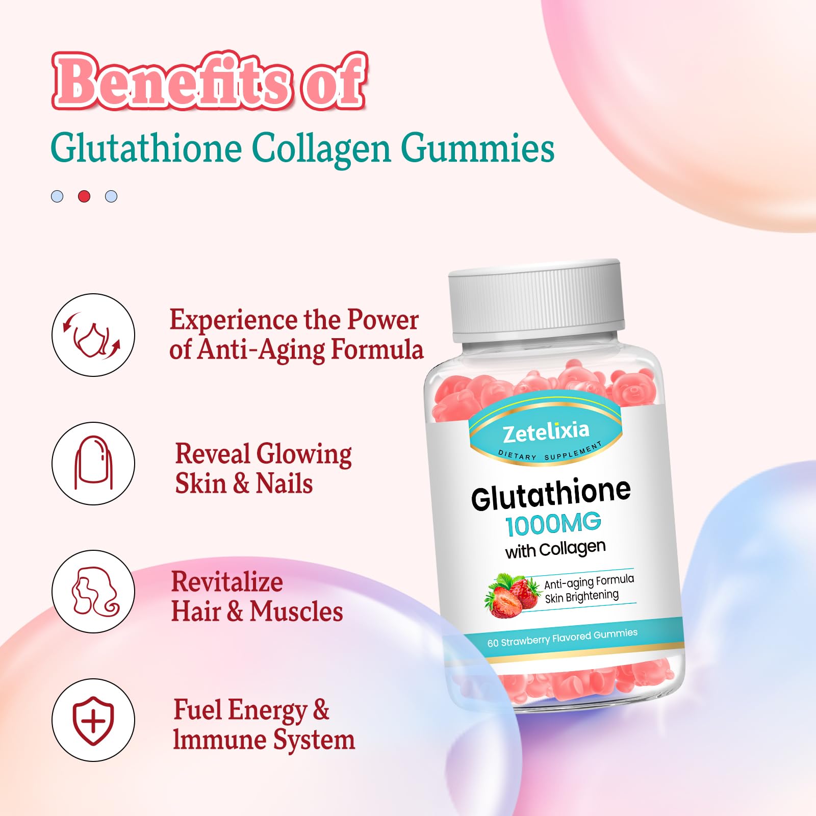 Zetelixia 2 Pack Glutathione Collagen Gummies, Collagen Gummies with Vitamin C, Glutathione Supplement for Women, Hair Skin Nails Muscle & Joint, Anti-Aging, Vegan, Strawberry Flavor, 120 Count