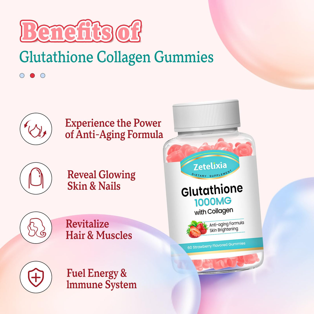 Zetelixia 2 Pack Glutathione Collagen Gummies, Collagen Gummies with Vitamin C, Glutathione Supplement for Women, Hair Skin Nails Muscle & Joint, Anti-Aging, Vegan, Strawberry Flavor, 120 Count