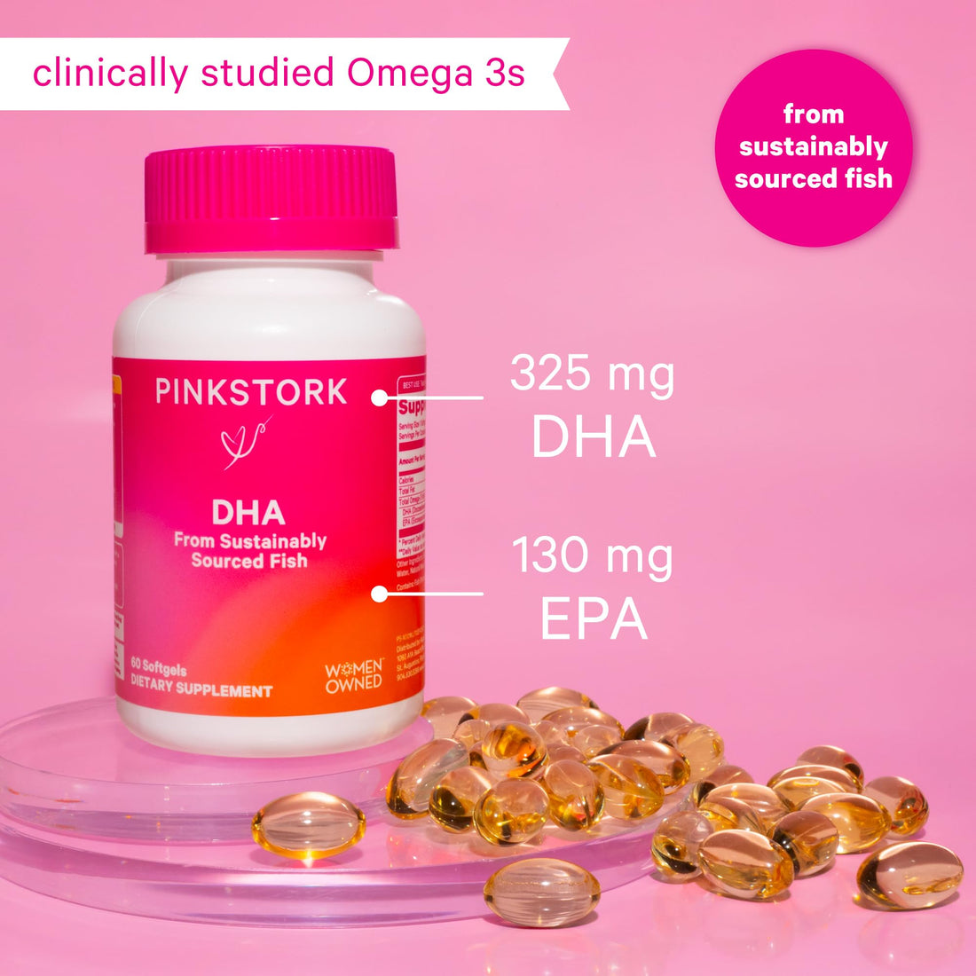 Pink Stork Omega-3 DHA - 540 mg Fish Oil Supplements with DHA and EPA, Prenatal and Postpartum Essentials for Cognitive Health + Fetal Development - 60 Softgels - Packaging May Vary