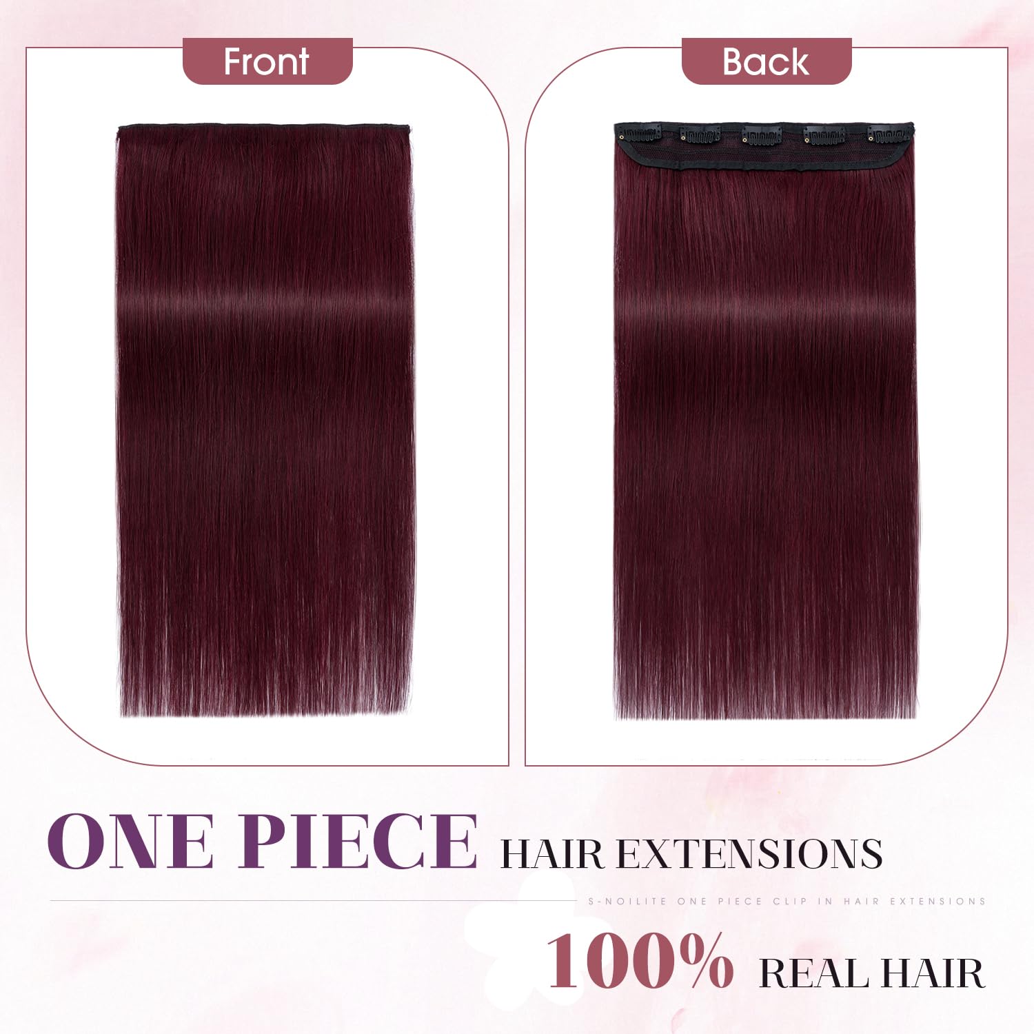 S-noilite 22inch Burgundy Clip in Human Hair Extensions One Piece 5 Clips 3/4 Full Head Soft Silky Clip on Remy Hair For Women Gift 55g #99J Wine Red