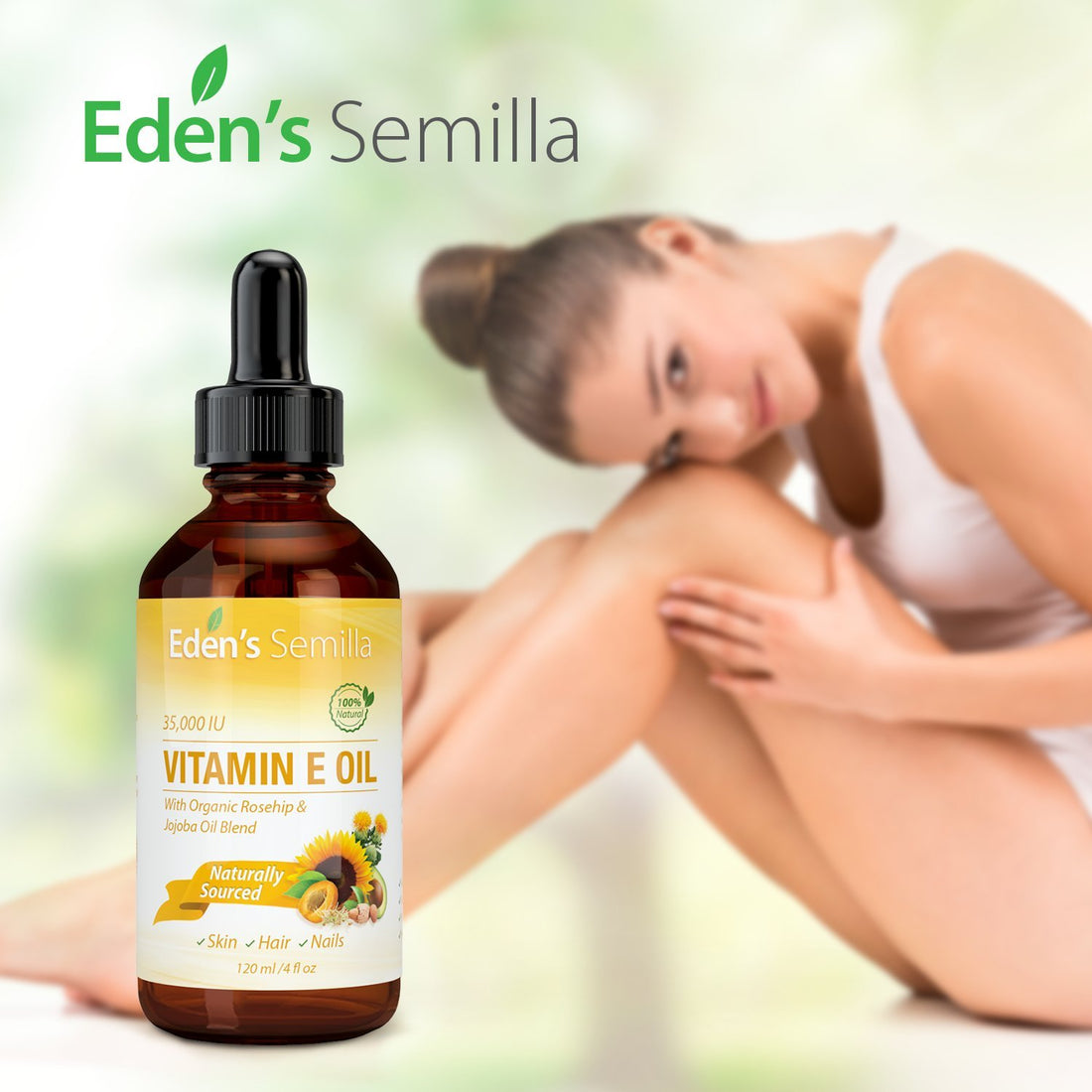 100% Plant Extract Vitamin E Oil 35,000 IU + Organic Rosehip & Jojoba Blend - Fast Absorbing Skin Protection for Face & Body. Pure Ingredients - Ideal for Sensitive Skin - Use Daily