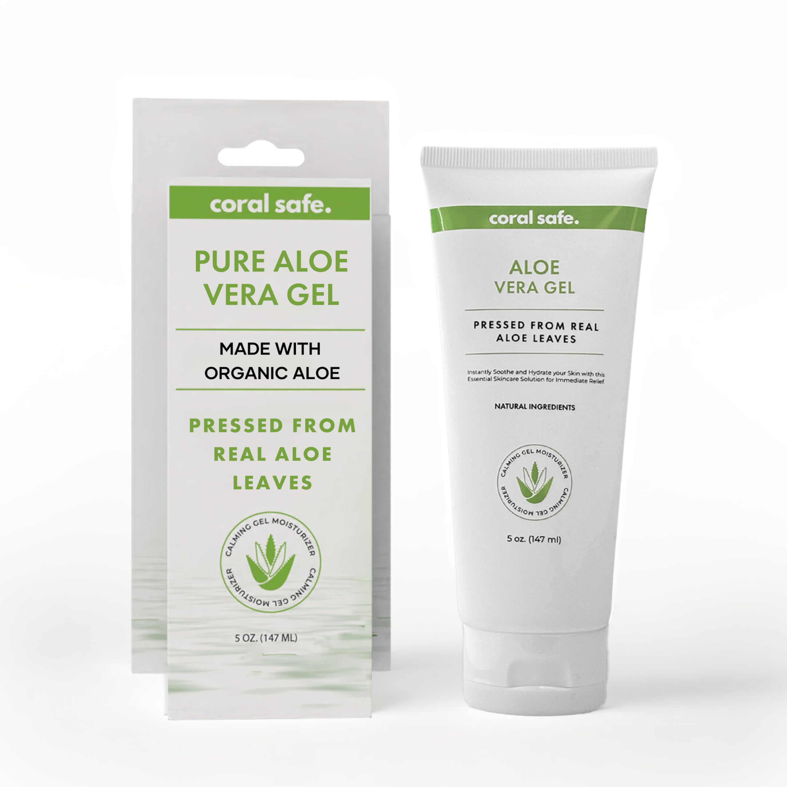 Coral Safe Pure Aloe Vera Gel For Face & Body, Made with Organic Aloe, Pressed from Fresh Aloe Leaves - 99% Aloe - for Hair, Skin & Sunburn Relief, Hydrating, Non-Greasy Formula, Unscented, 5 oz