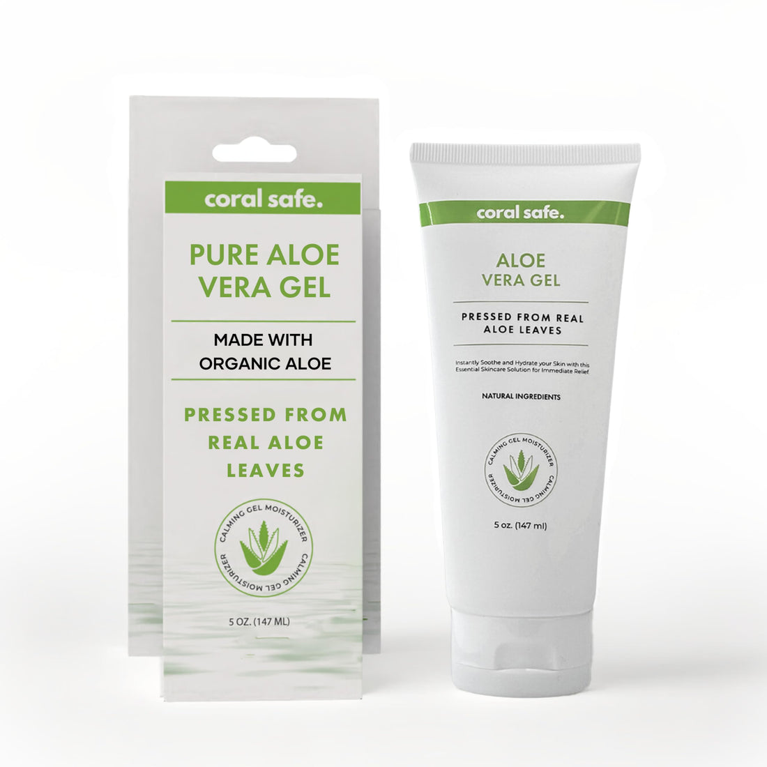 Coral Safe Pure Aloe Vera Gel For Face & Body, Made with Organic Aloe, Pressed from Fresh Aloe Leaves - 99% Aloe - for Hair, Skin & Sunburn Relief, Hydrating, Non-Greasy Formula, Unscented, 5 oz