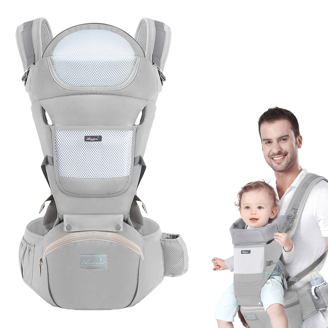 Huifen Multi-Functional 9 in 1 Baby Carrier - Newborn to Toddler, 7-45 lbs, Ergonomic Sling Carrier with Hip Seat, Hands Free Backpack Carrier for All Seasons (Grey)