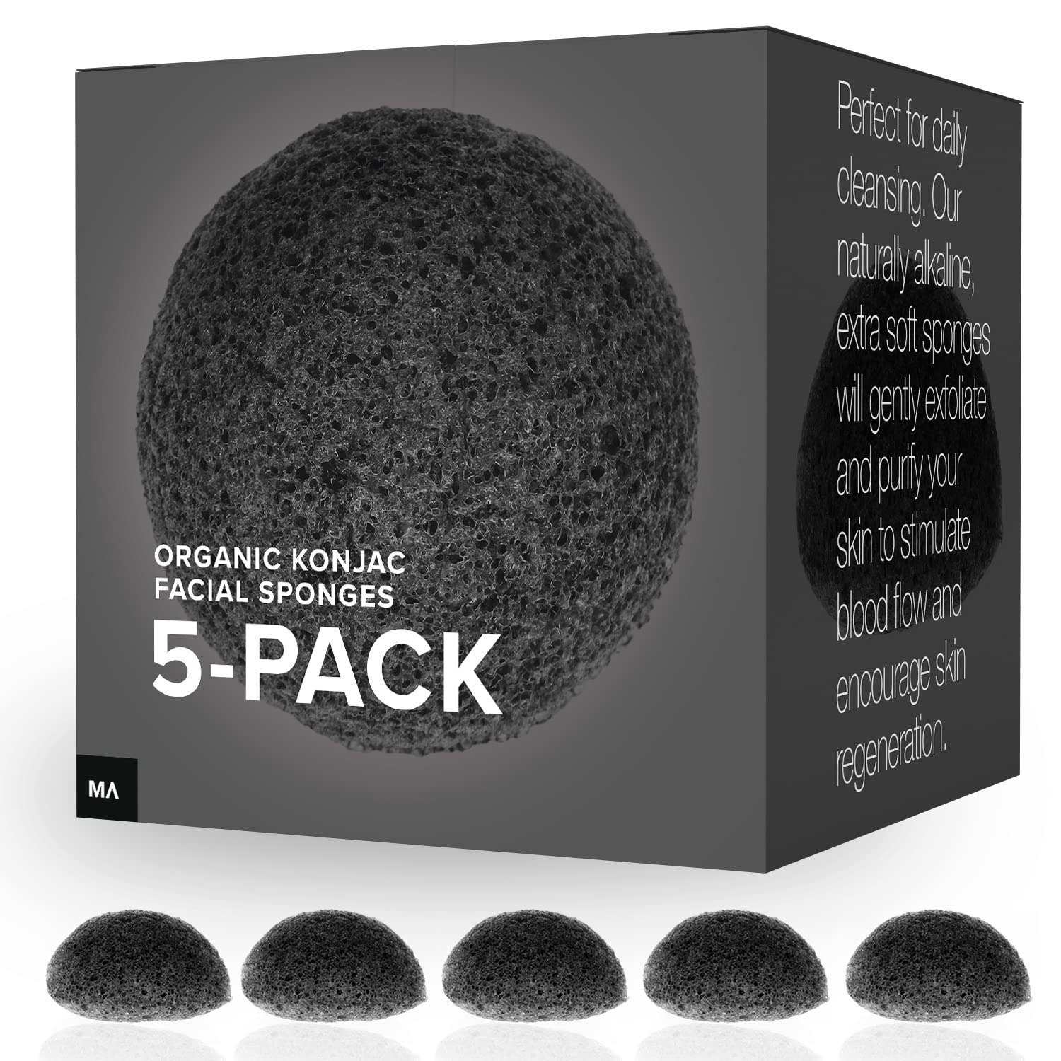 Minamul Konjac Exfoliating Organic Facial Sponge | Gentle daily face scrub/skincare | infused with best bamboo activated charcoal | Safe for Oily, Dry, Combination or Sensitive skin | 6 pack set