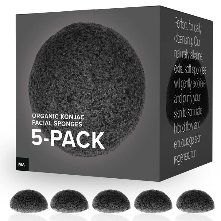 Minamul Konjac Exfoliating Organic Facial Sponge | Gentle daily face scrub/skincare | infused with best bamboo activated charcoal | Safe for Oily, Dry, Combination or Sensitive skin | 6 pack set