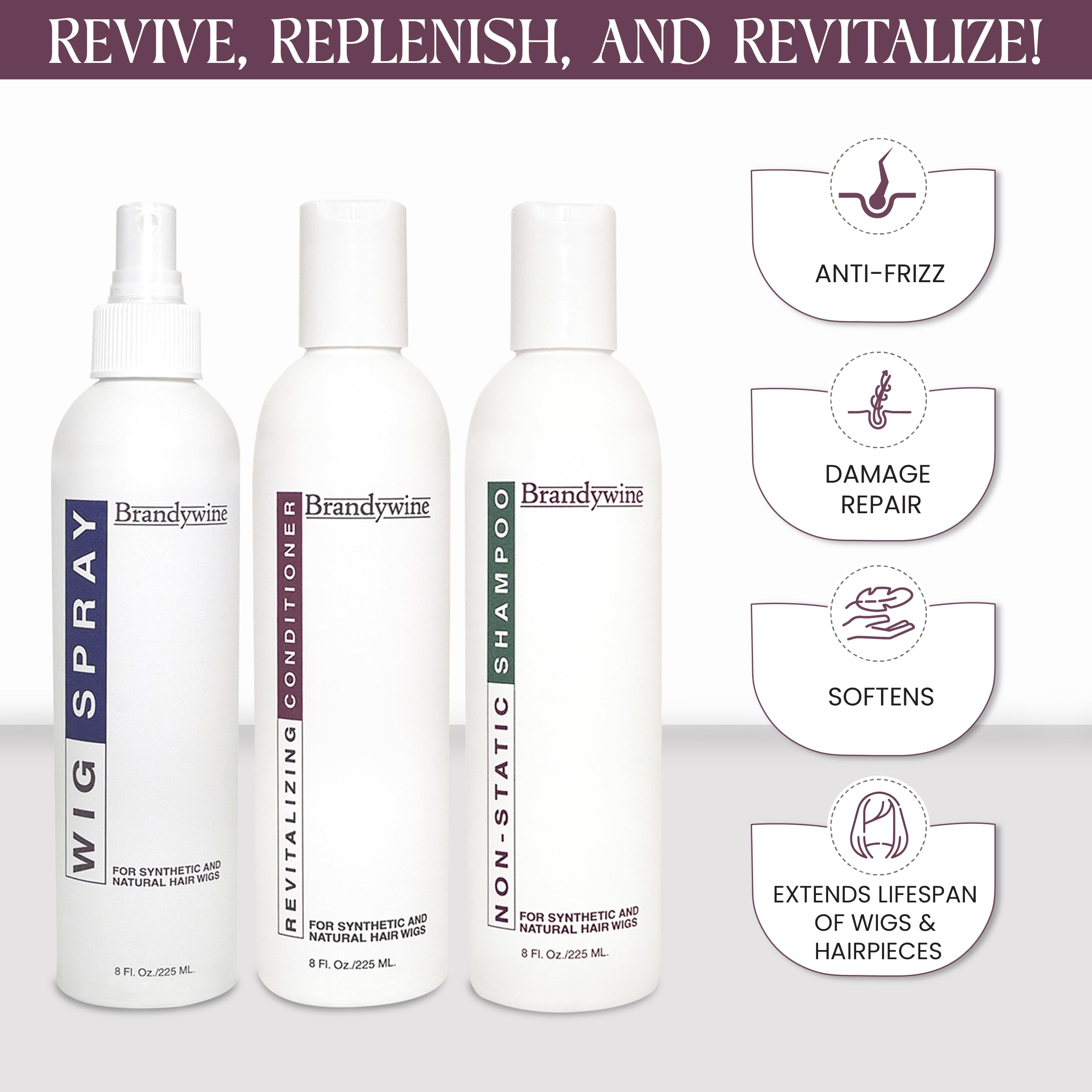 Brandywine Maintenance Kit, Non Static Shampoo, Revitalizing Conditioner & Wig Spray 8 Oz. Each