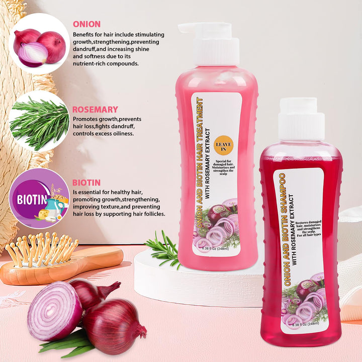 Generic Onion Biotin and Rosemary Moisturizing Hair Care Set - Shampoo, Conditioner and Treatment for All Hair Types, Pink