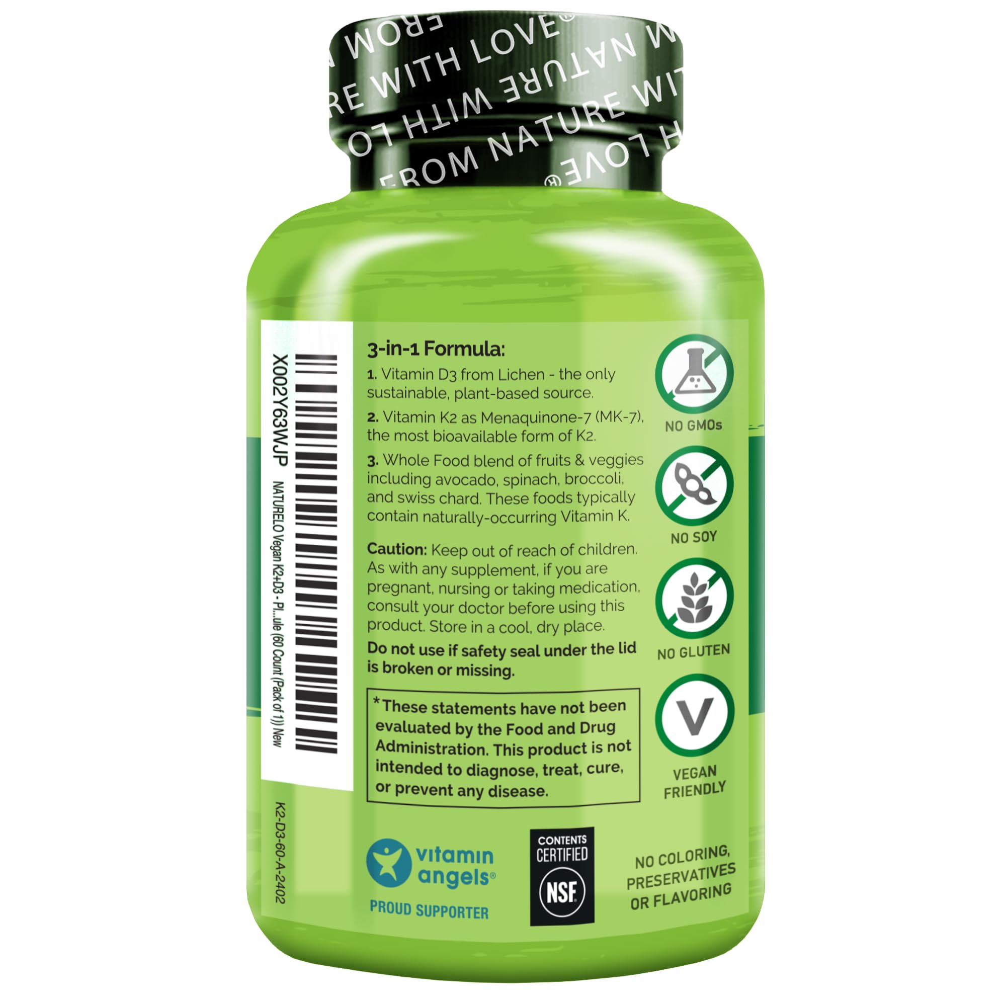 NATURELO Vitamin D3 K2 - Vegan K2+D3 with Plant Based D3 from Lichen - Natural D3 Supplement for Immune System, Bone Support, Heart Health - Whole Food - Non-GMO - Gluten Free, 60 Capsules
