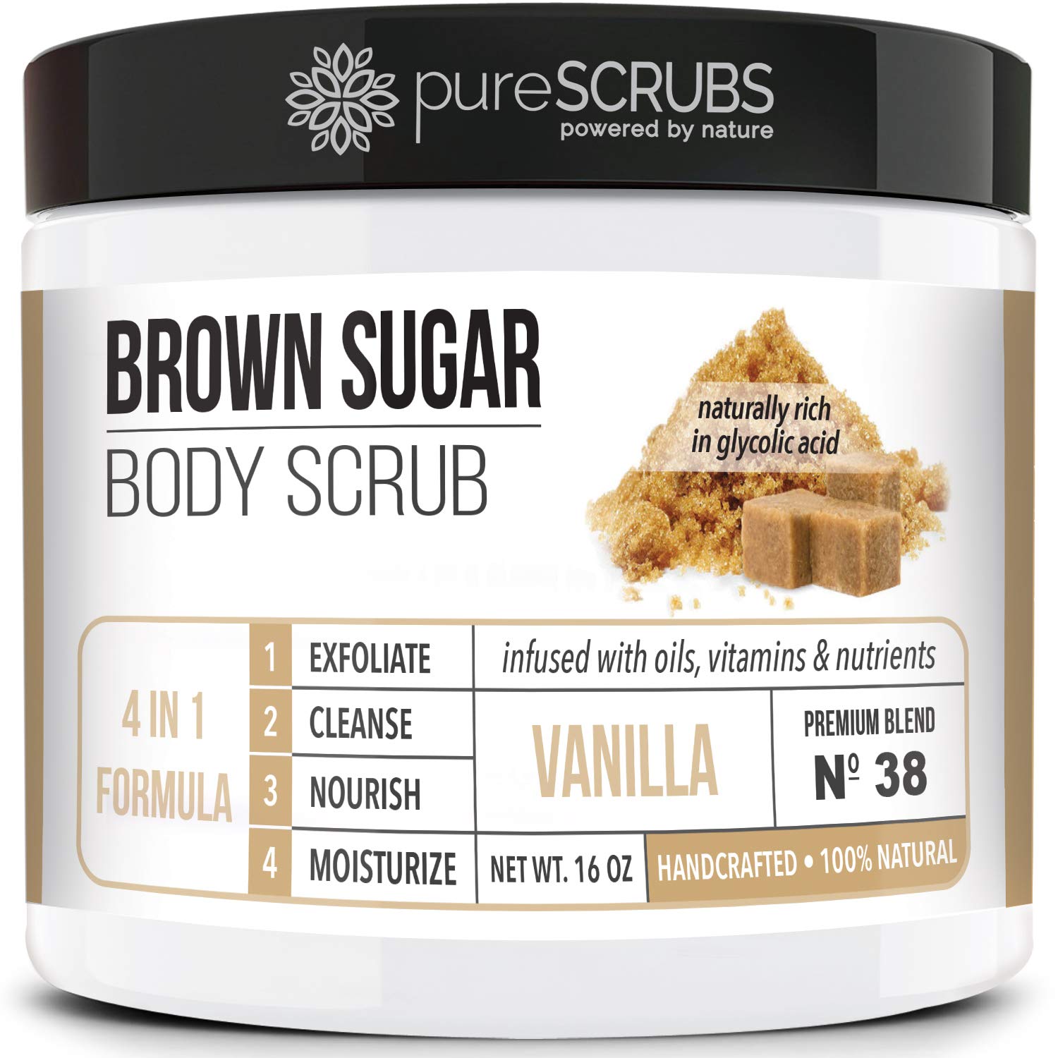 pureSCRUBS Premium Organic Brown Sugar VANILLA FACE & BODY SCRUB Set - Large 16oz, Infused With Organic Essential Oils & Nutrients INCLUDES Wooden Spoon, Loofah & Mini Exfoliating Bar Soap