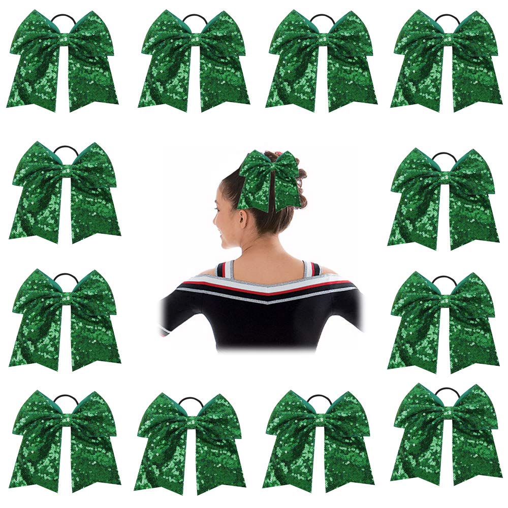 Oaoleer 12PCS 7 Large Glitter Cheer Hair Bows Ponytail Holder Elastic Band Handmade for Cheerleading Teen Girls College Sports (Green)