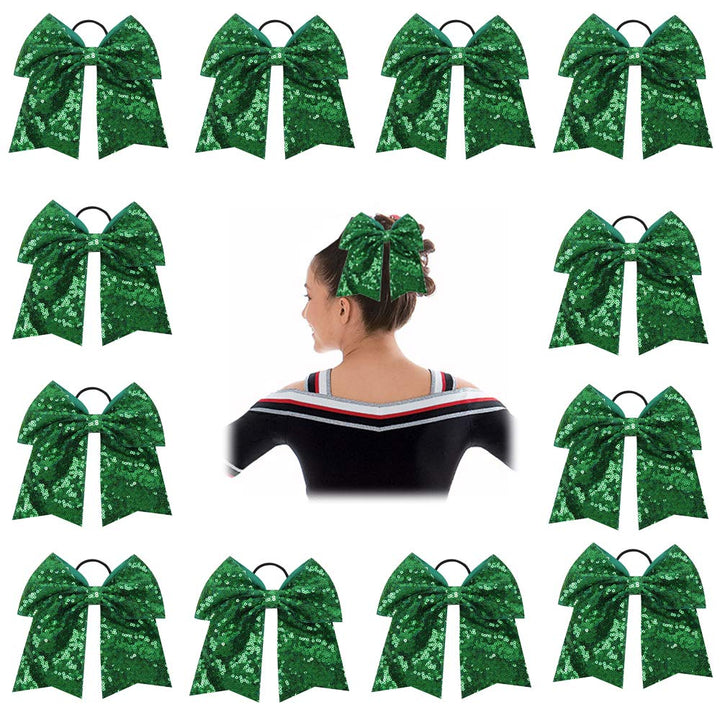 Oaoleer 12PCS 7 Large Glitter Cheer Hair Bows Ponytail Holder Elastic Band Handmade for Cheerleading Teen Girls College Sports (Green)