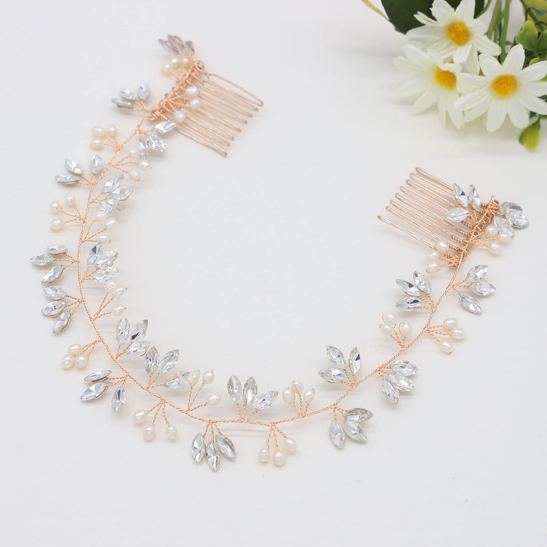 Ammei Crystal Bridal Headpiece Wedding Headband With Genuine Freshwater Pearls And Combs Hair Accessories For Bride Bridesmaid (Rose Gold)