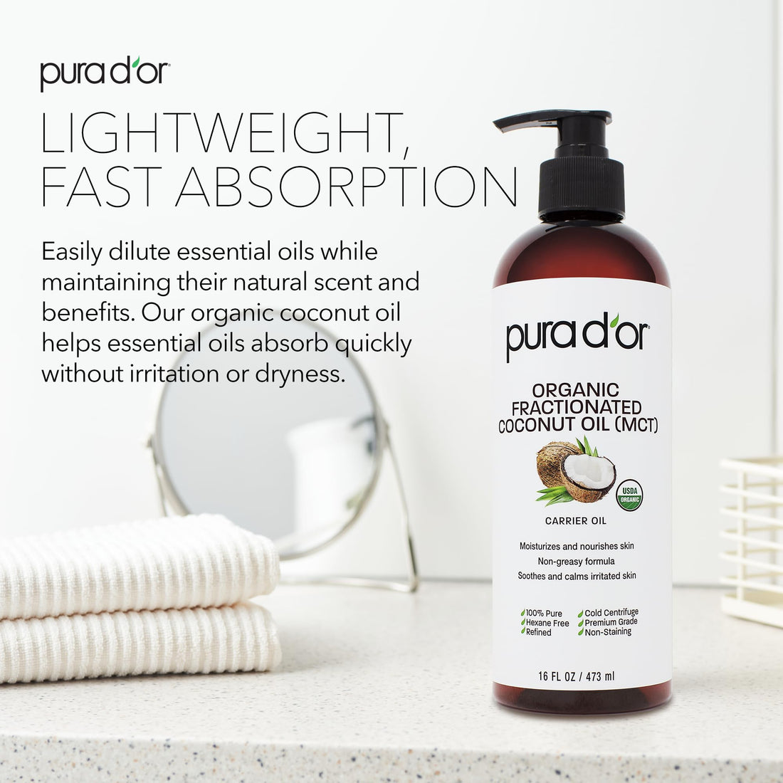 PURA Dâ€™OR Carrier Oil: Organic Fractionated Coconut Oil 16 oz - USDA Certified Organic 100% Pure & Natural Moisturizing Carrier Oil For Face, Skin, and Hair