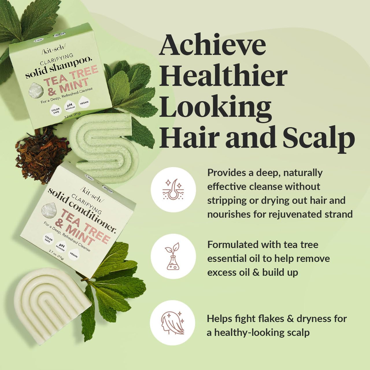 Kitsch Tea Tree & Mint Shampoo and Conditioner Bar Set, Hair Color Safe, Zero Waste, Vegan, Eco Friendly, Made in US, For All Hair Types, Paraben Free & Sulfate Free - 2pcs