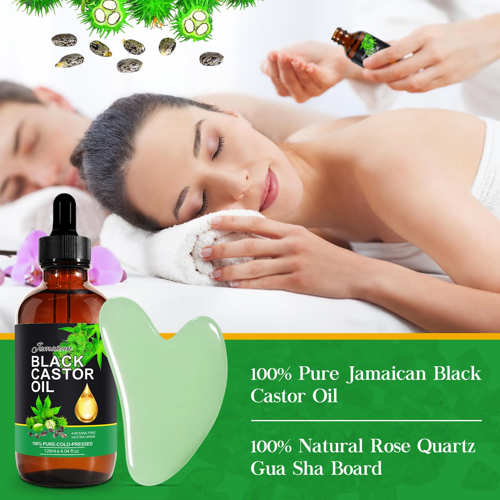 Organic Jamaican Black Castor Oil for Body with Natural Jade Stone Green Guasha Tool, 2.02 fl oz 100% Pure Cold Pressed Unrefined Massage Oil + Gua Sha Scraping Massage Tool,Skin-Care Gift