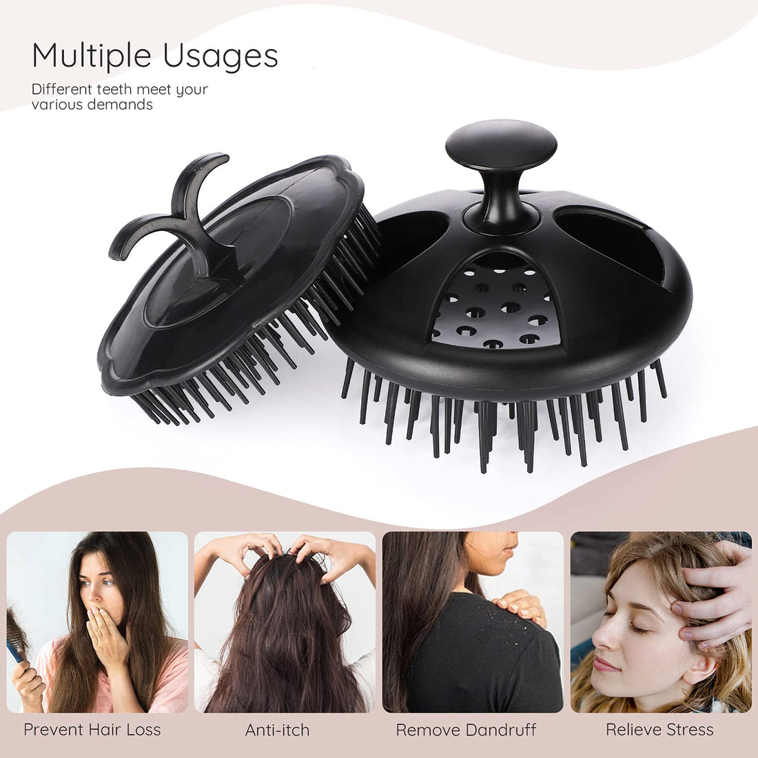 Segbeauty Shampoo Brush, 2 pcs Scalp Massager Floriated Shower Comb Long Short Teeth Set for Curly Hair, Scalp Massage Brush for Hair Growth Beard Brush Pet Grooming Wet Dry Hair Care Brushes Black
