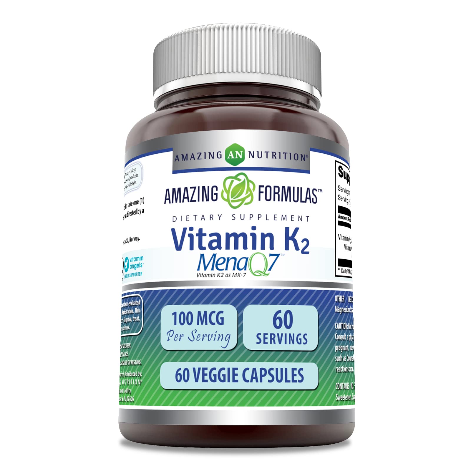 Amazing Formulas Vitamin K2 Menaq7 MK7 Supplement | 100 Mcg | Veggie Capsules | Non-GMO | Gluten Free | Made in USA (1 Pack, 60 Count)
