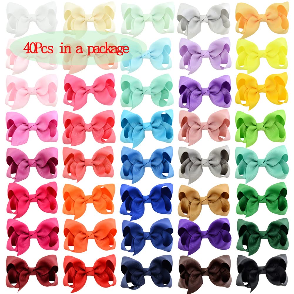 40PCS 4.5 Inch Hair Bows for Girls Grosgrain Ribbon Toddler Hair Accessories with Alligator Clips for Toddlers Baby Girls Kids