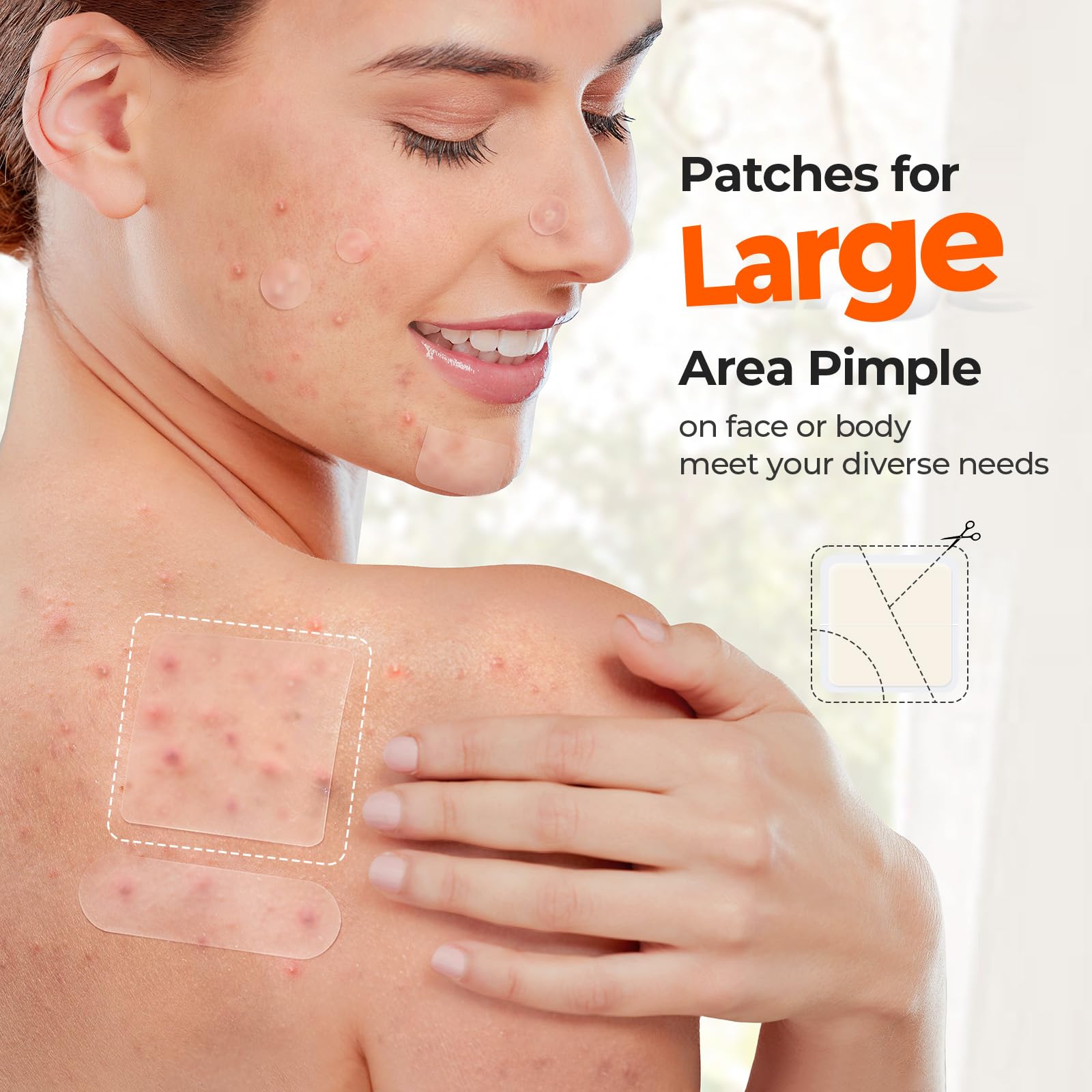 TKTK Hydrocolloid Bandages, 45 x 45 mm Large Pimple Patches for Face, XL Acne Patches for Body, Back, Forehead, Cheek Zit Breakouts, Big Hydrocolloid Patch (Square, Strip, Dot 5 Sizes 120 Count)