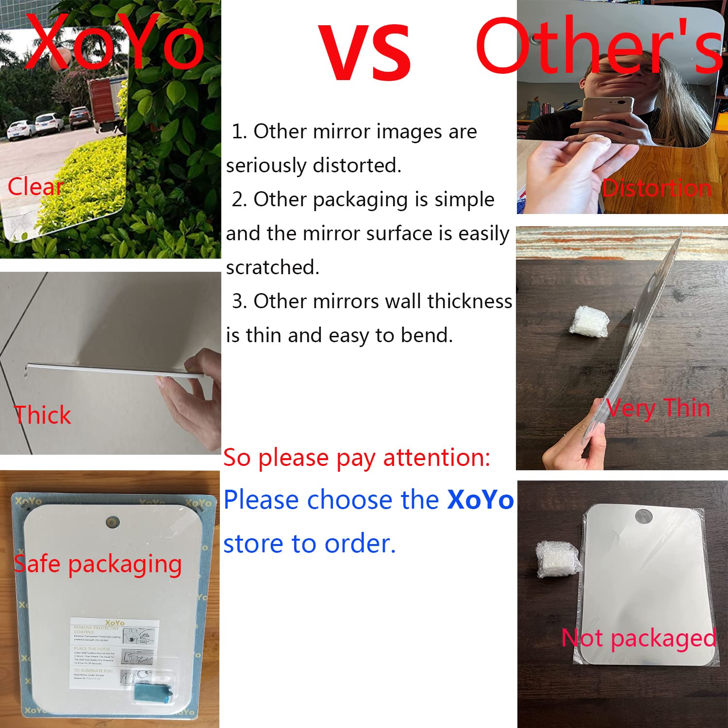 APHUIME XoYo-Large Fogless Shower Mirror (11inX7.48in), Includes 1 Adhesive Hooks, Anit-Fog Shower Mirror, Shower Makeup Shave Mirror, Frameless Shower Mirror, Wall Hanging Mirror (Large, 1 Pack)