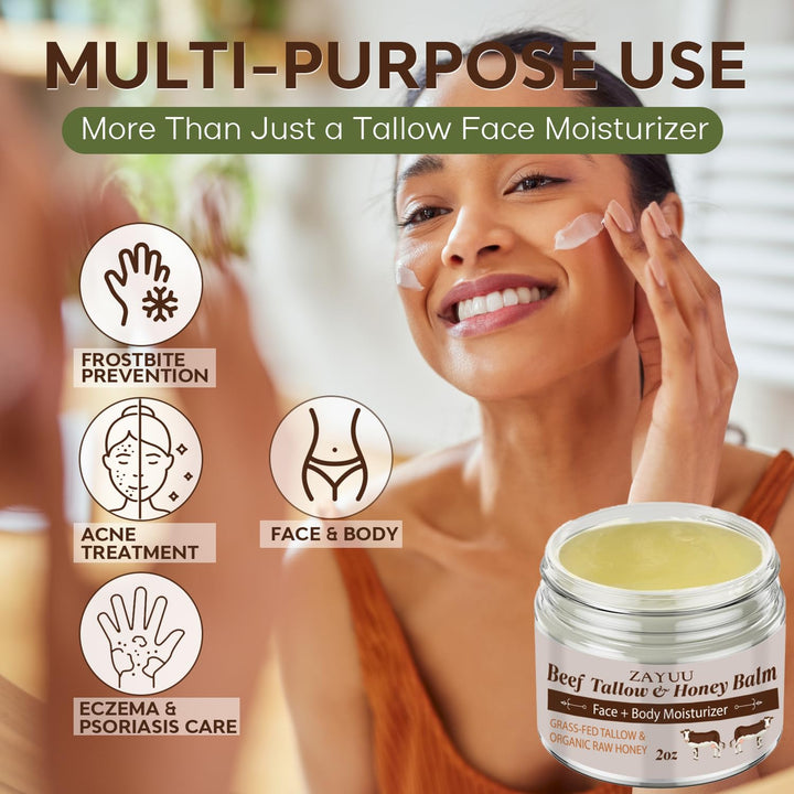 ZAYUU Beef Tallow and Honey Balm for Skin: Tallow Face Moisturizer with Honey - Grass-Fed Beef Tallow & Raw Wild Honey Balm - All-Natural Hydration for Face & Body - 2oz