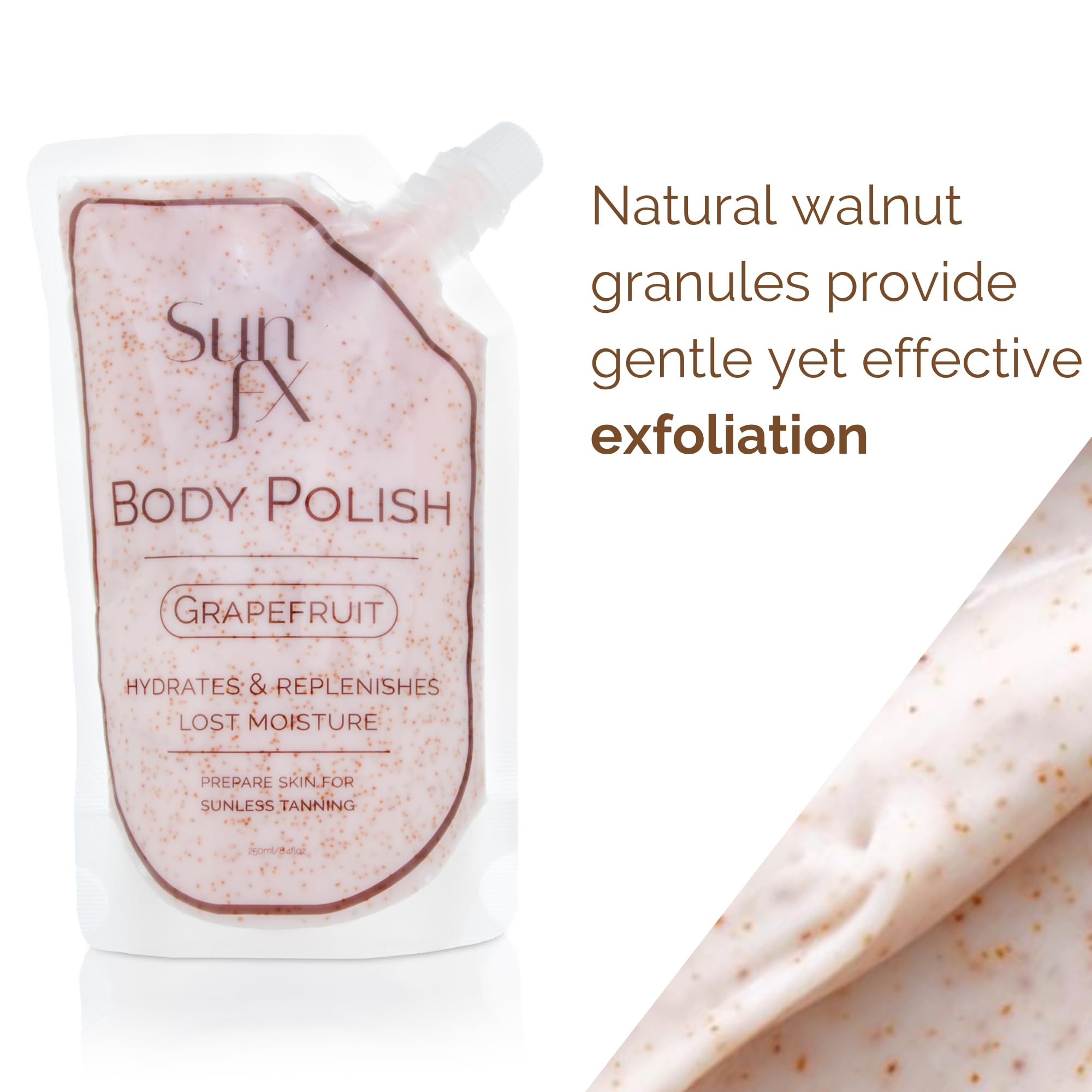 SunFX Grapefruit Body Polish Pre-Spray Tan Ultra Hydrating Exfoliating Nourishing Walnut Scrub for Smooth, Radiant Skin 250ml/8.4floz