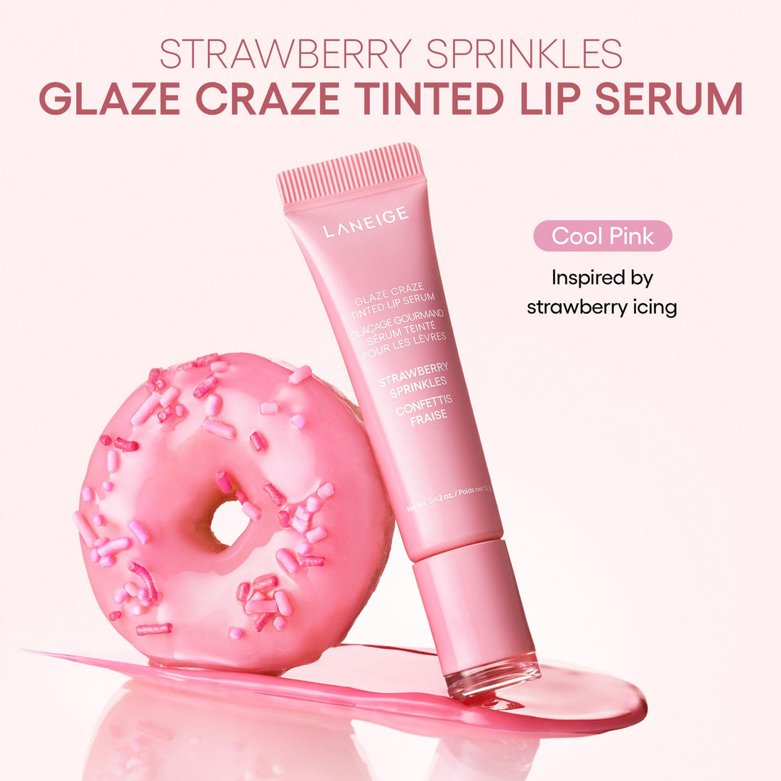 LANEIGE Glaze Craze Tinted Lip Serum, Strawberry Sprinkles: Hydrating Serum for Glossy,Nourished Lips with Plumping Polypeptides,0.42 oz
