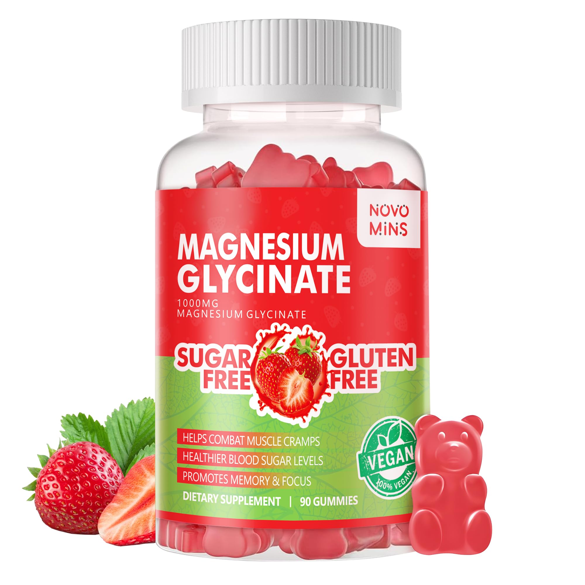 90 CT Magnesium Glycinate Gummies - Sugar Free Magnesium Potassium Supplement with Vitamin D, B6, CoQ10 for Calm Mood & Sleep Support - 90 Strawberry Gummies