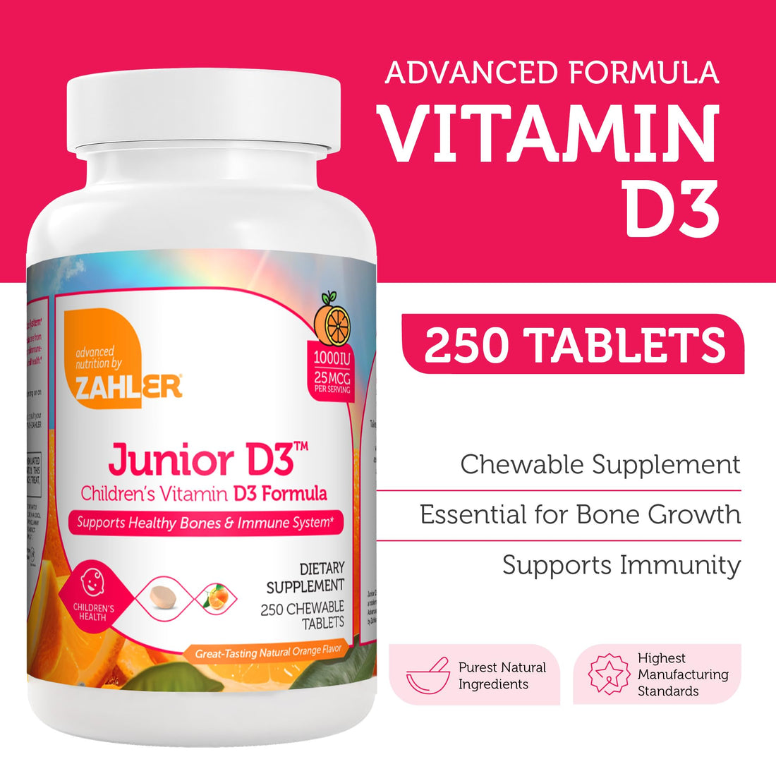 Zahler Junior D3 Vitamins 1000 IU - Chewable Vitamin D3 for Kids - Vitamin D for Kids to Support Bone, Teeth & Immune Health - Kosher Kids Vitamin D3 Orange Flavor - D3 Vitamins for Kids 250 Count.